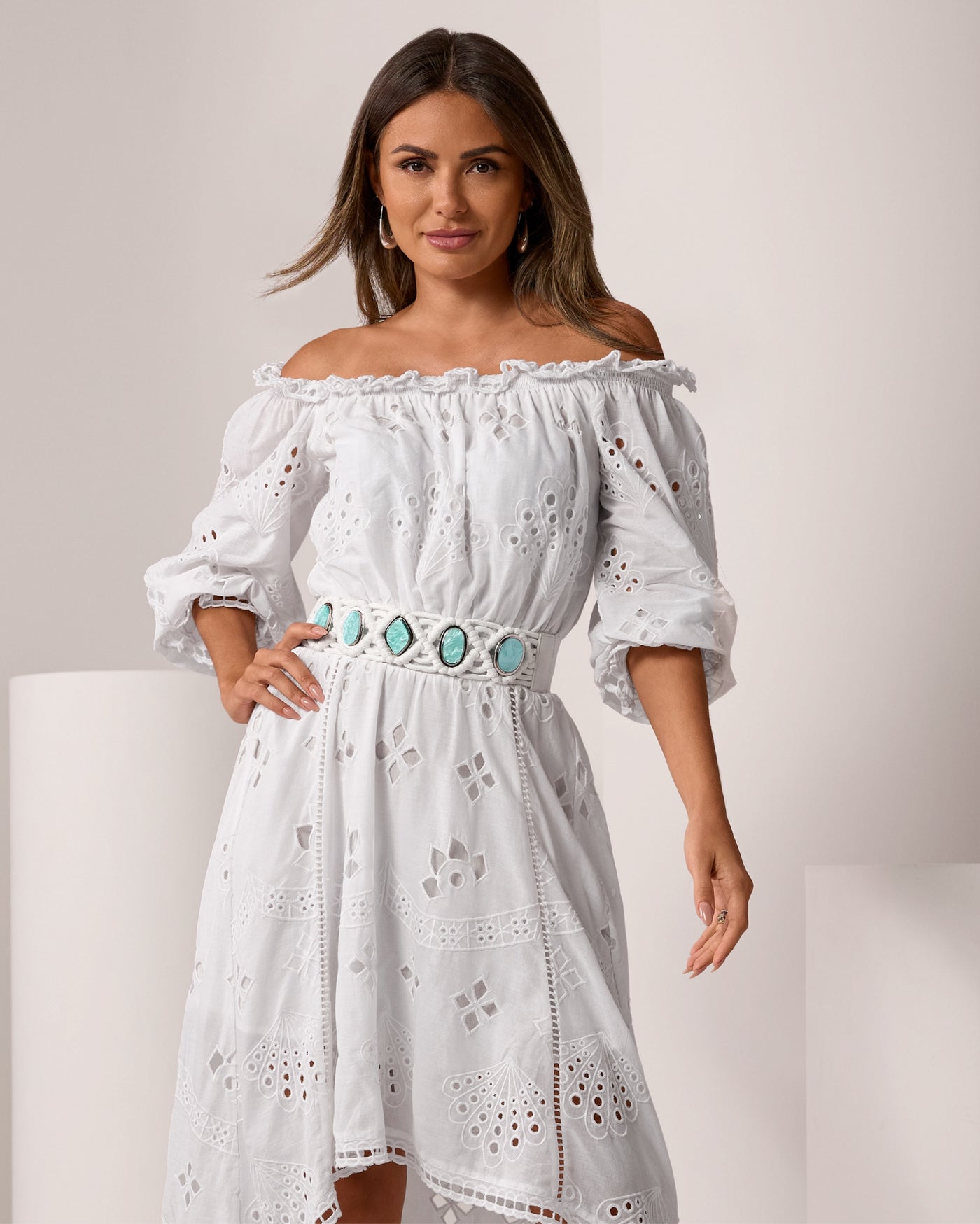 Turquoise Stone Woven Waist Belt Turquoise/White