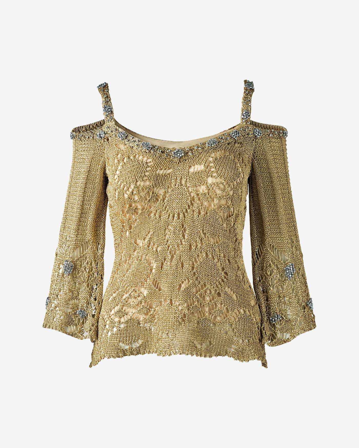 Cold Shoulder Metallic Crochet Beaded Sweater Top Gold/Silver