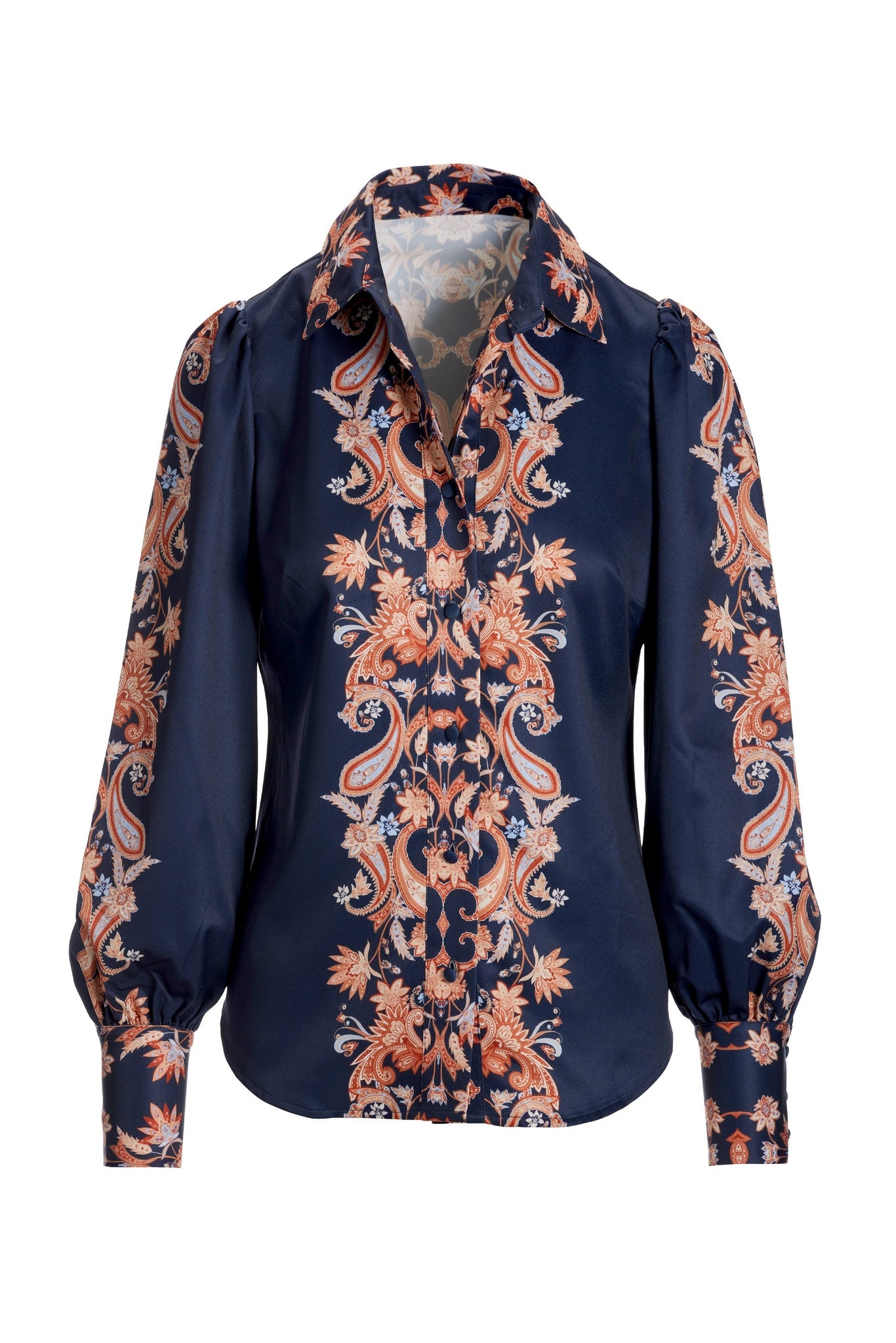 Paisley Scroll Print Victoria Chic Drama Sleeve Shirt Navy