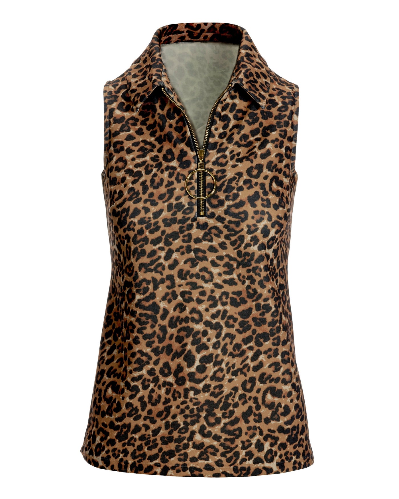 Leopard Zip-Up Collared Knit Top Multi