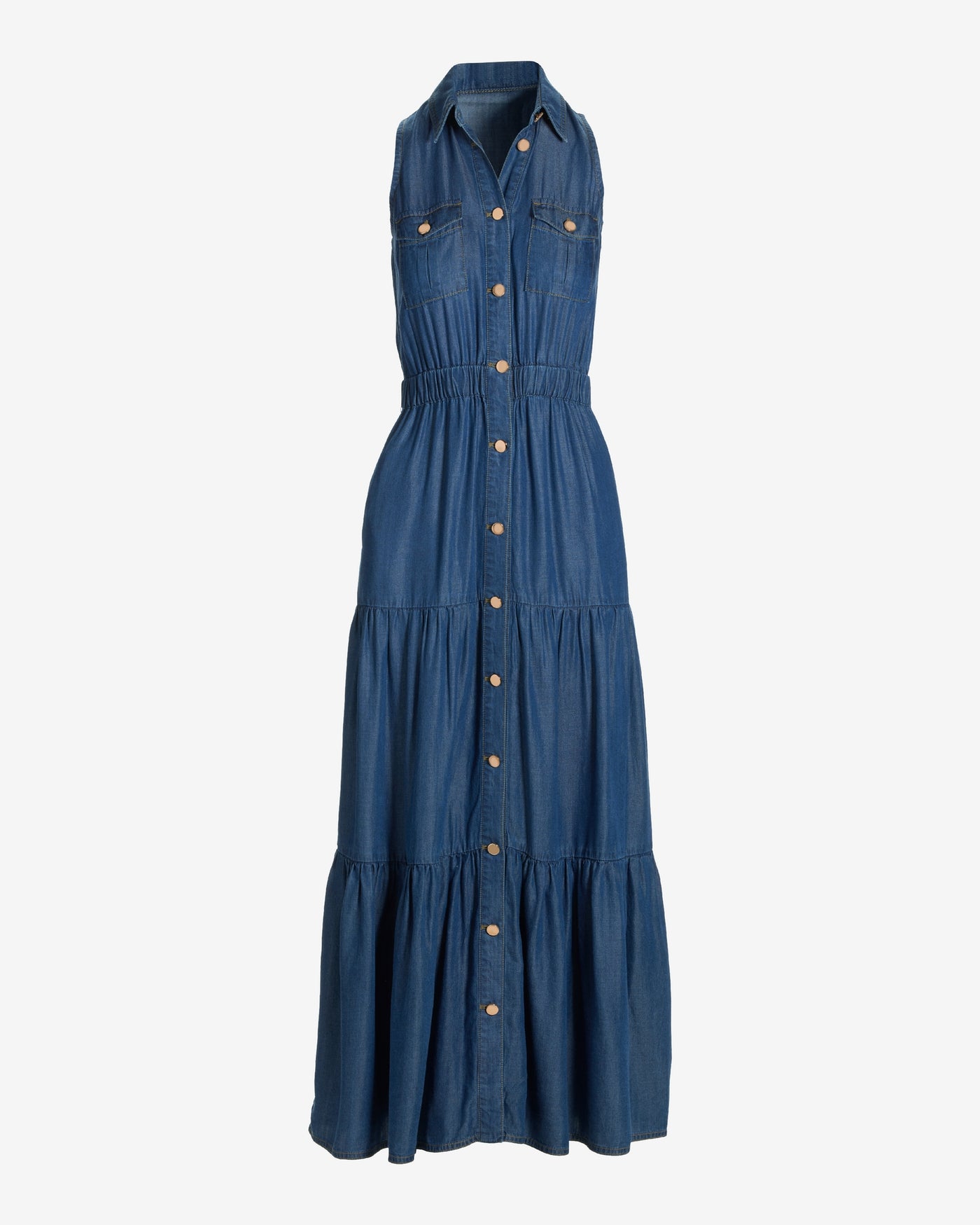 Luxe Chambray Button Up Tiered Maxi Dress Deep Blue