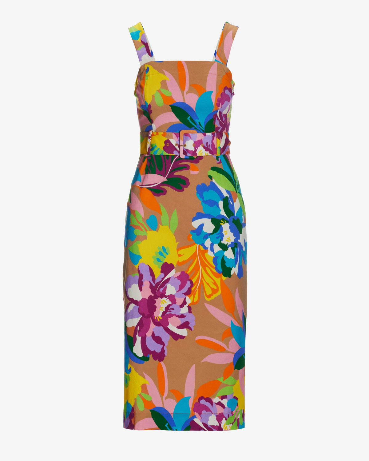 Transcending Blooms Belted Knit Column Midi Dress Brown