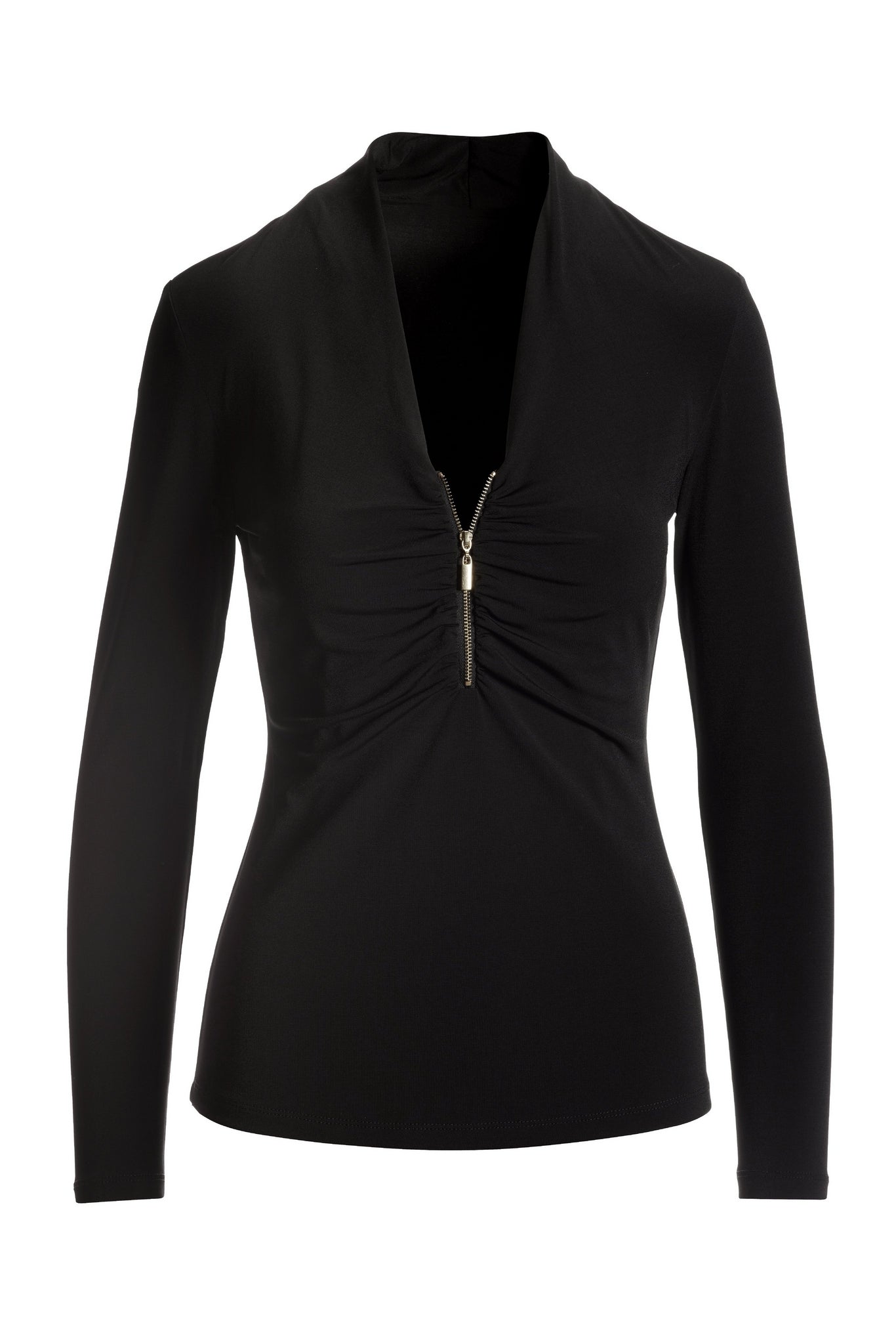 Ruched Zipper Neckline Top Black