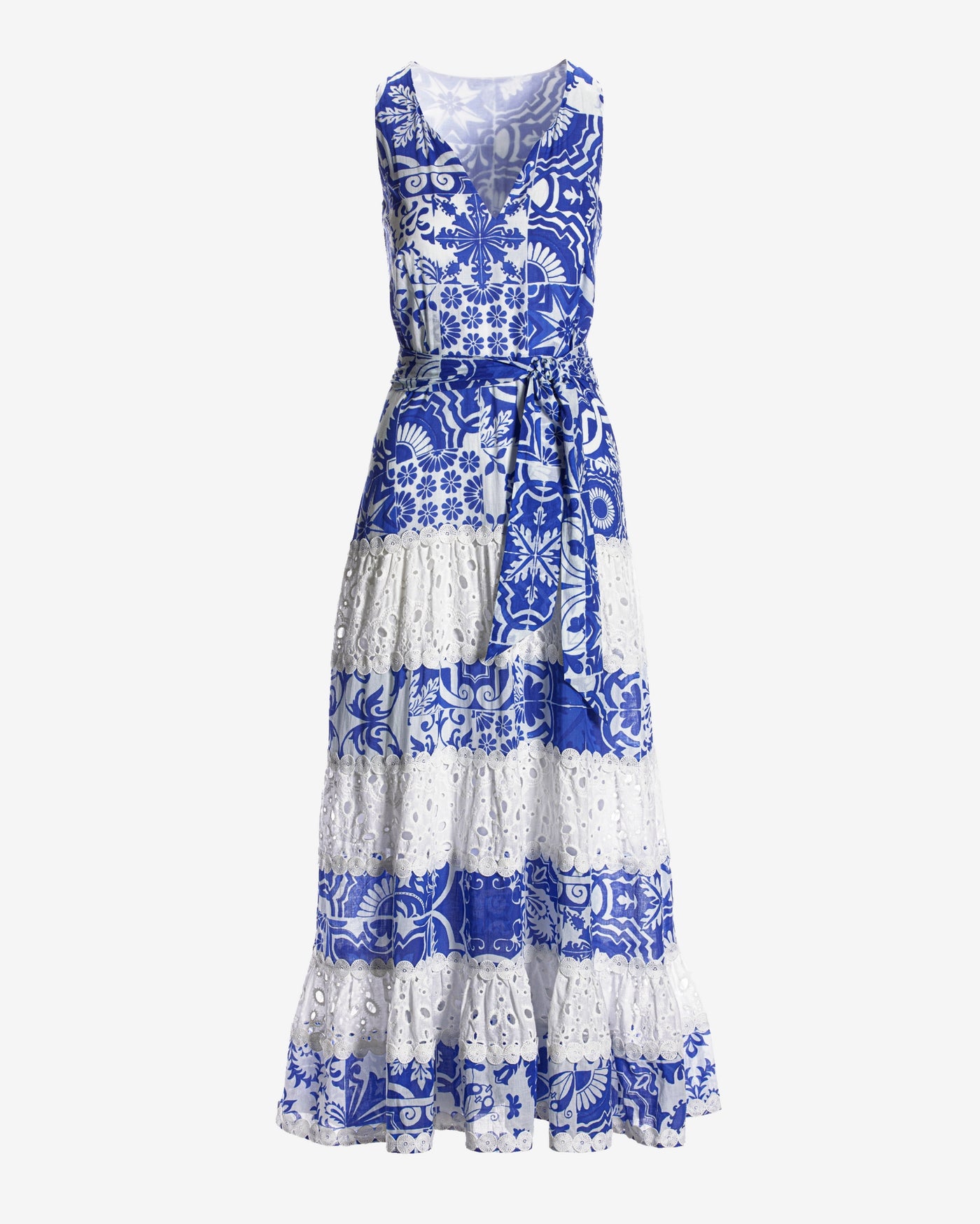 Vacation Tiles Print Eyelet Inset Ankle Length Dress Blue White