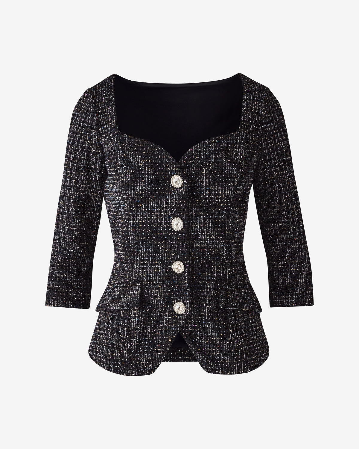 Knit Tweed Button Front Lady Jacket Black Multi