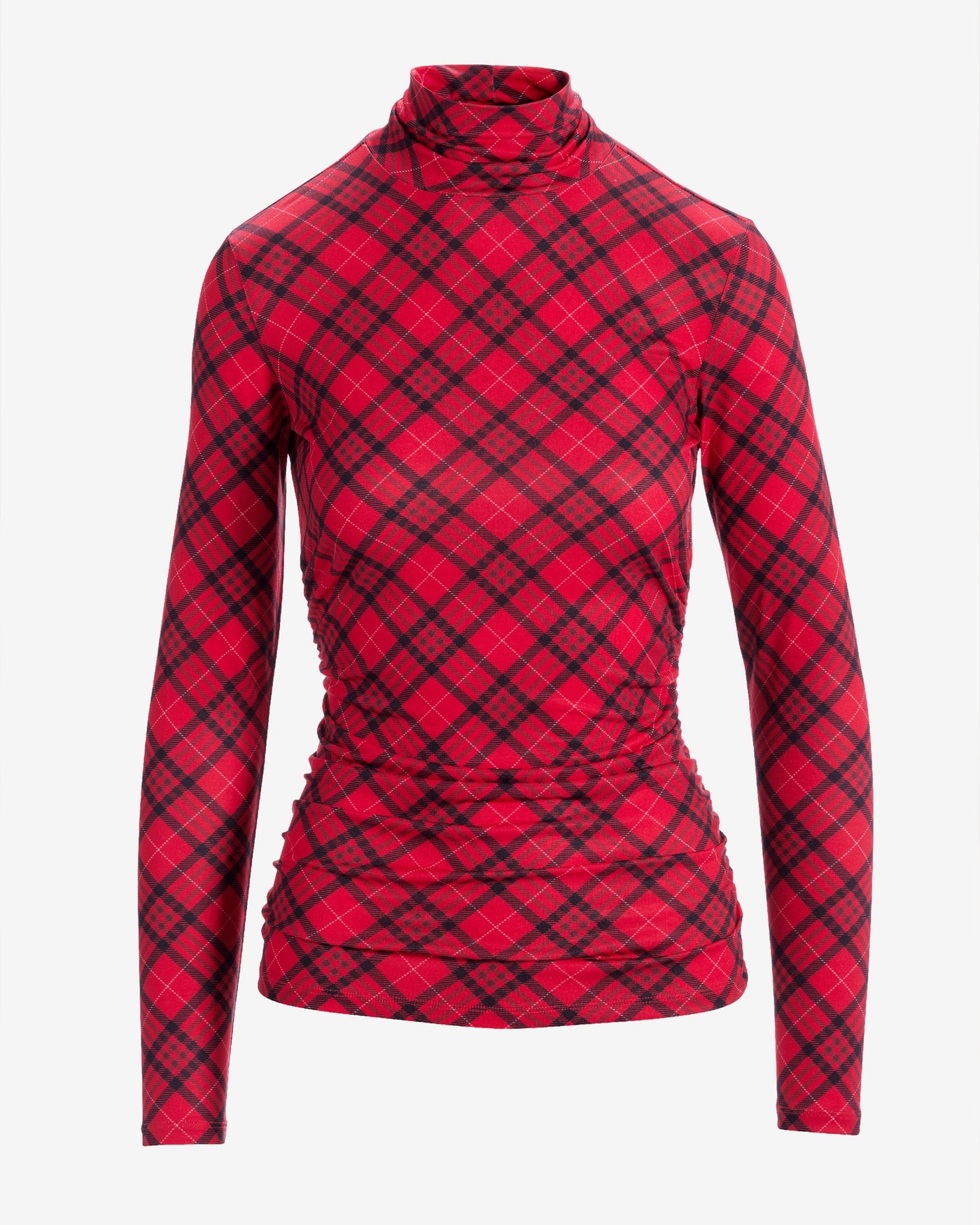 So Chic Ruched Holly Plaid Turtleneck Red