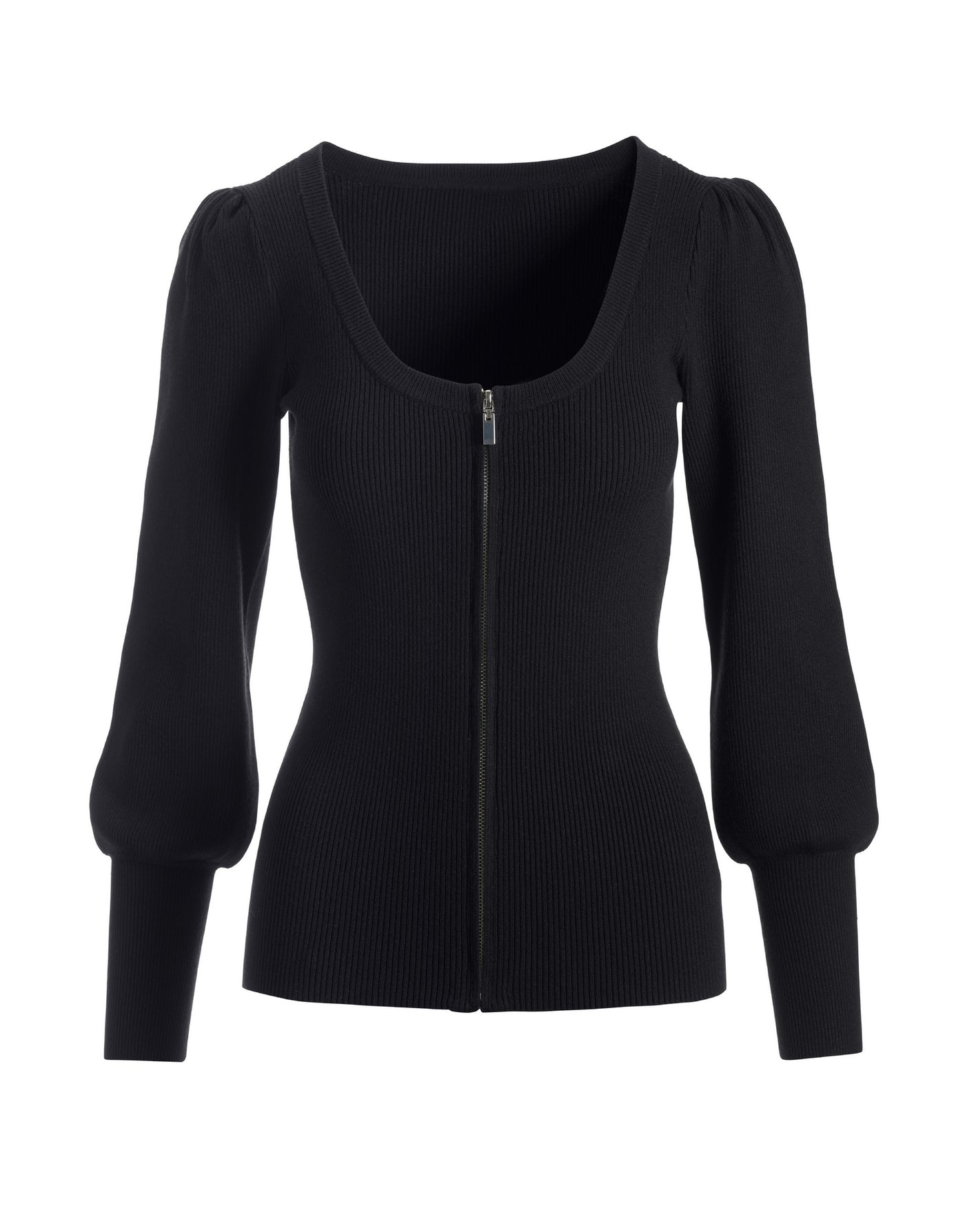 Ribbed Scoop-Neck Zip-Up Cardigan Black