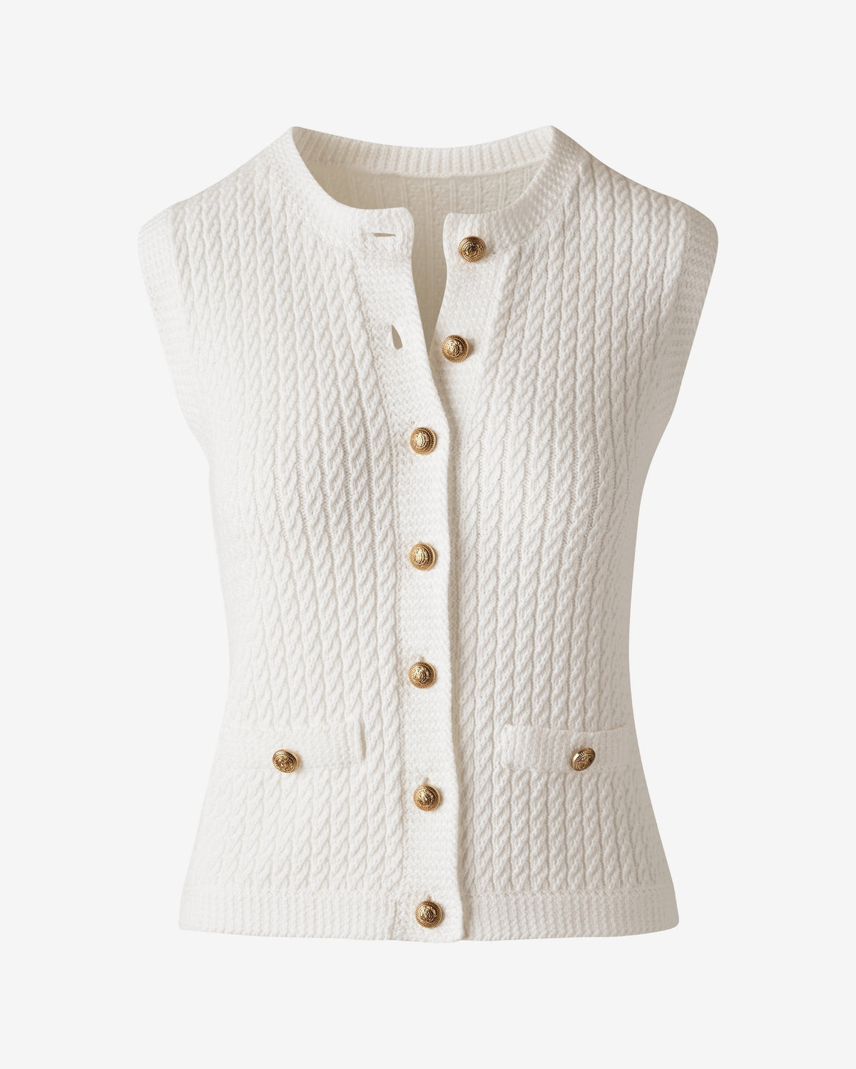Sleeveless Textured Knit Button Front Sweater Off White