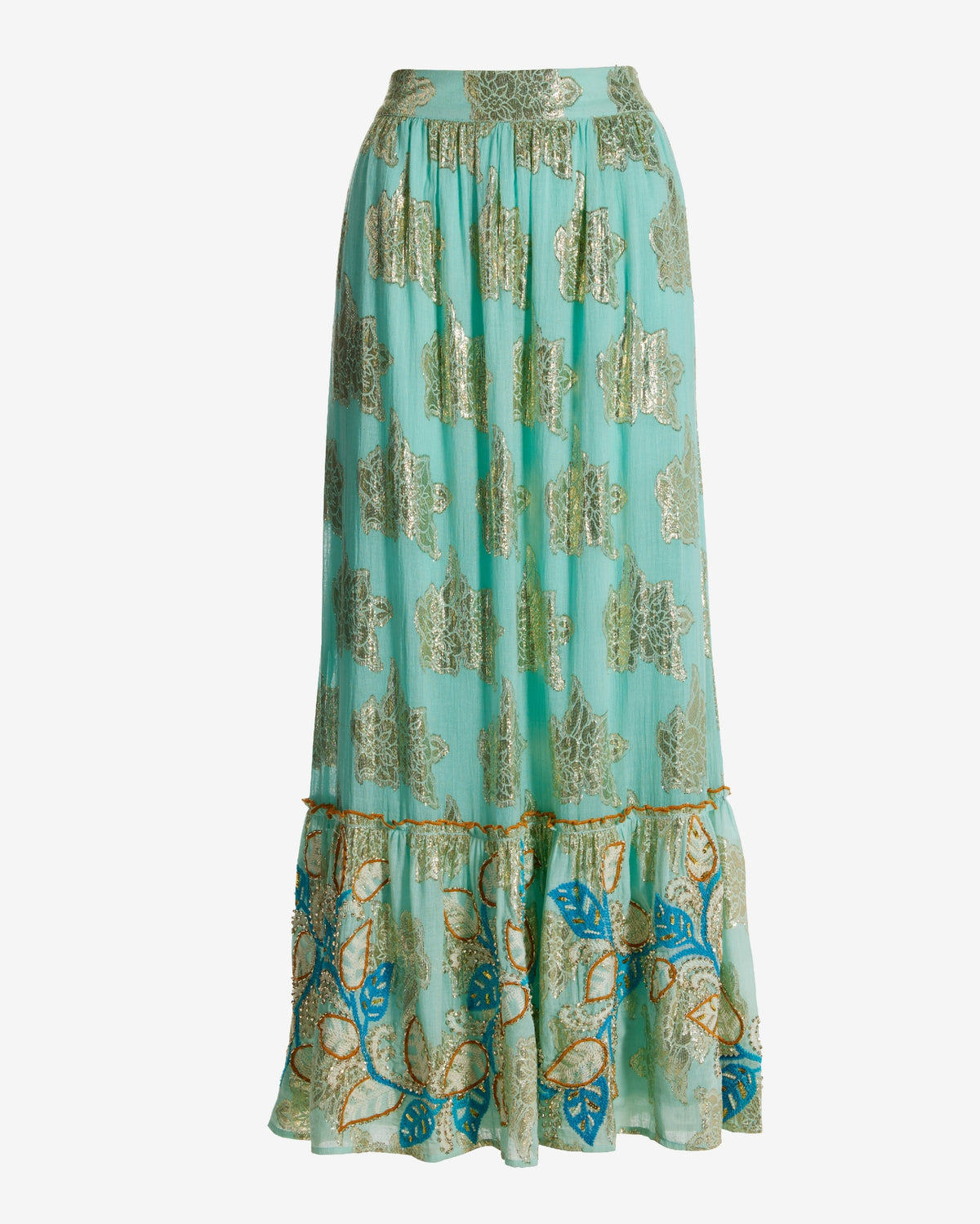 Embroidered Gold Metallic Maxi Skirt Light Blue Multi