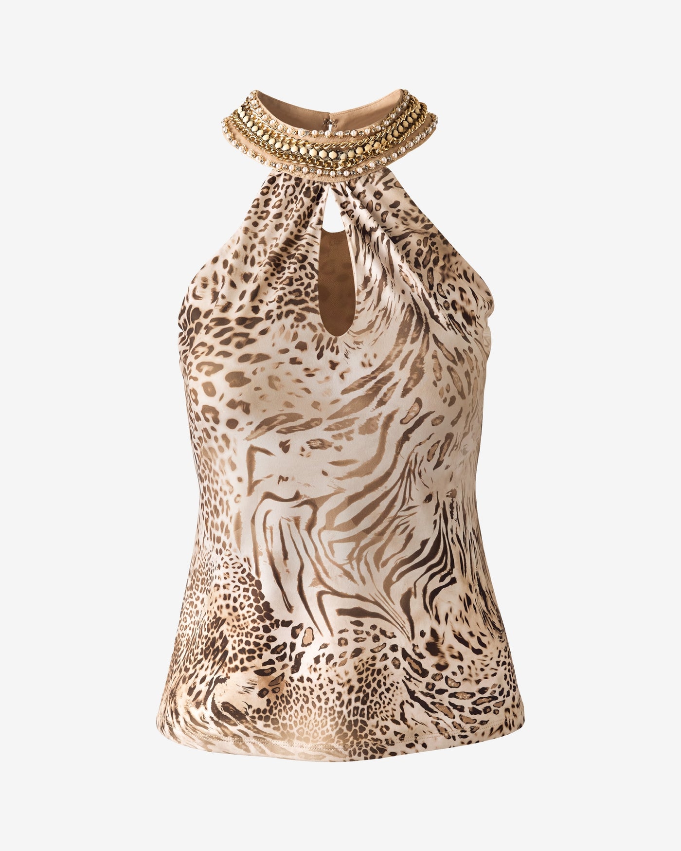 So Chic Printed Knit Top With Neck Trim Animal Remix