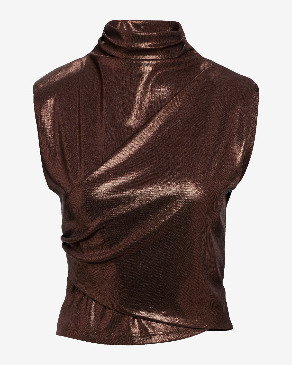 Metallic Drape Mock Neck Knit Top Brown