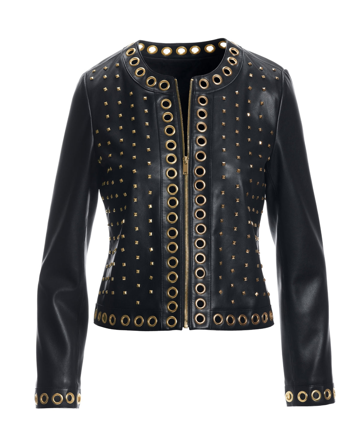Faux Leather Grommet Collarless Jacket Black