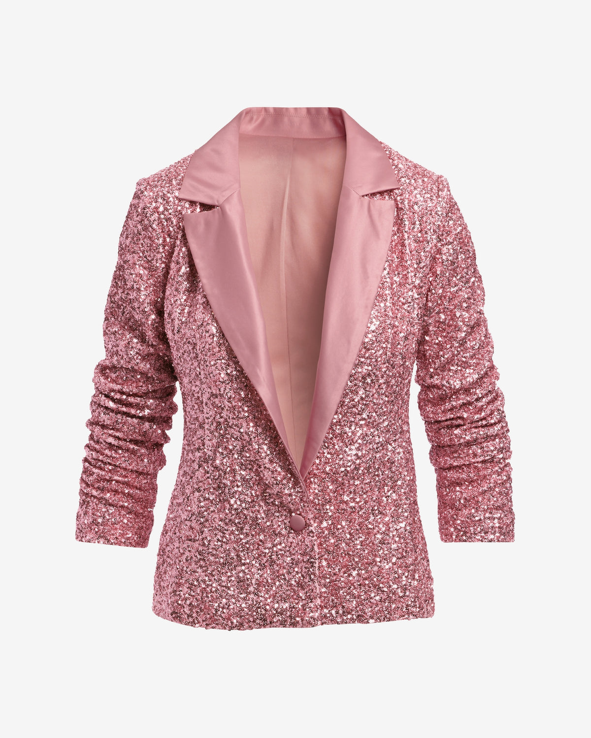 Satin Collar Ruched Sleeve Sequin Blazer Coral Blush