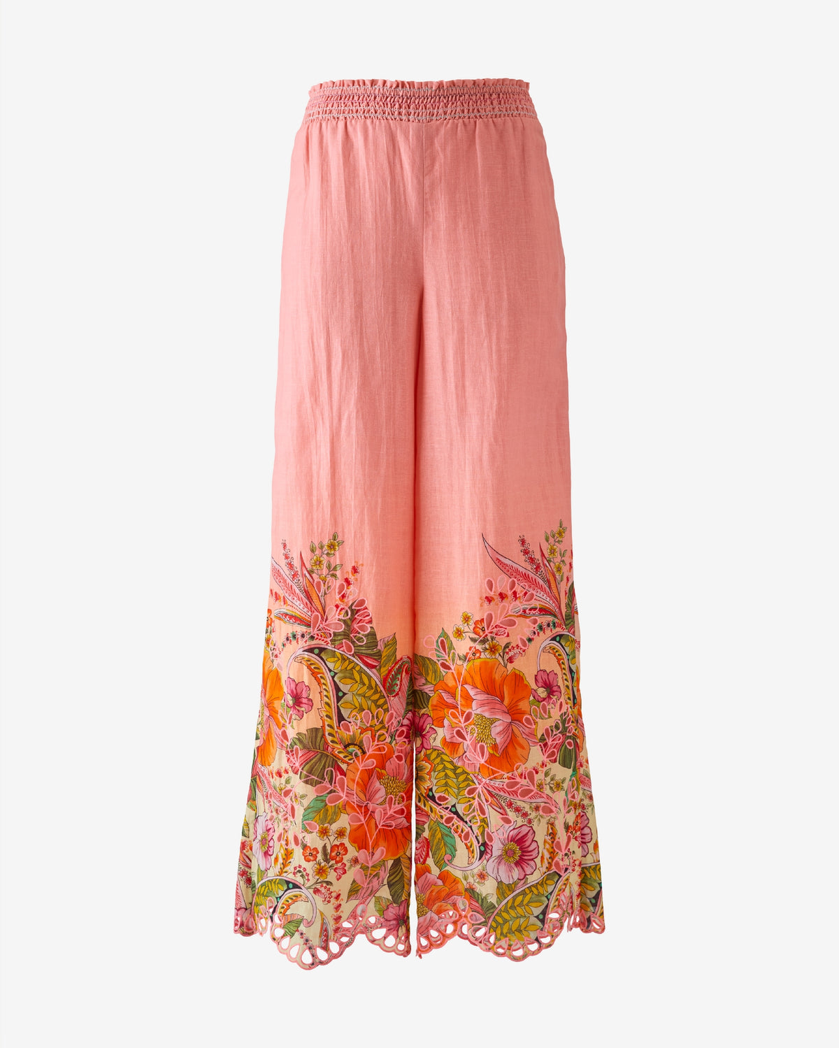 Printed Linen Eyelet Embroidered Wide Leg Pant Paisley Blooms