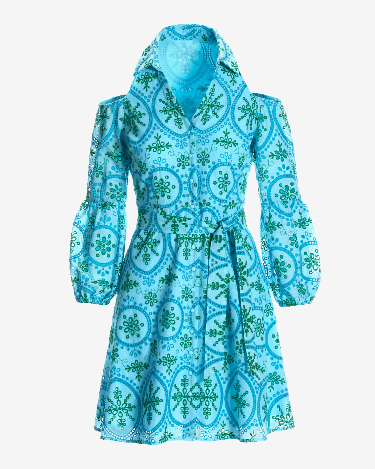 Multi Color Eyelet Cold Shoulder Fit and Flare Dress Blue Multi