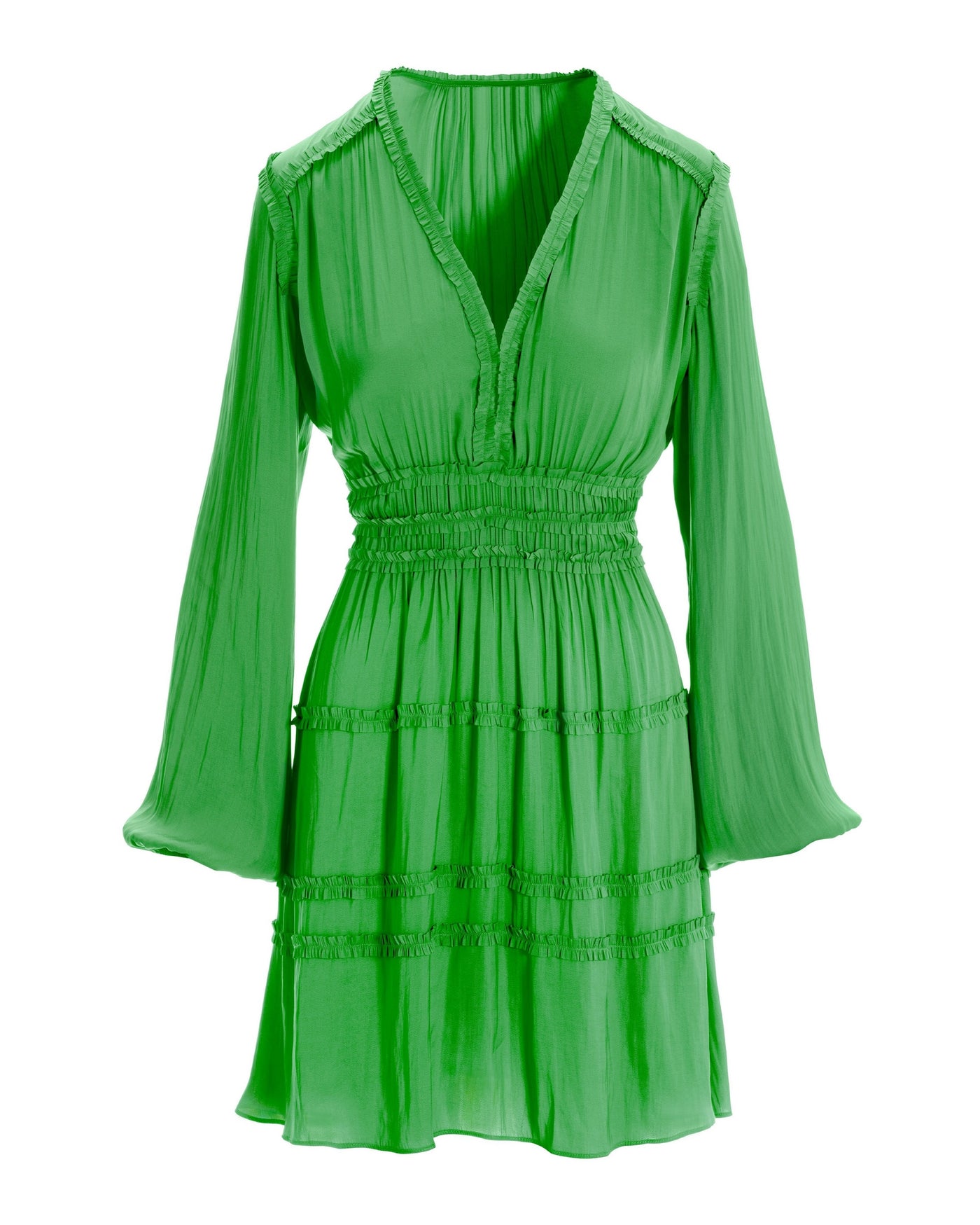 Long-Sleeve Ruffle-Trim Charmeuse Dress Green