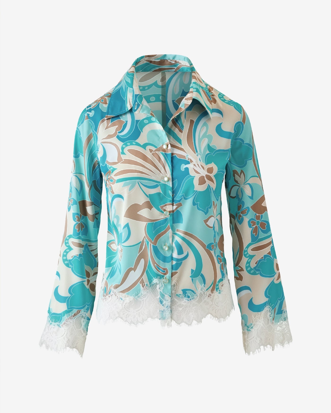 Printed Charmeuse Scallop Lace Hem Button Up Shirt Agua Abstract