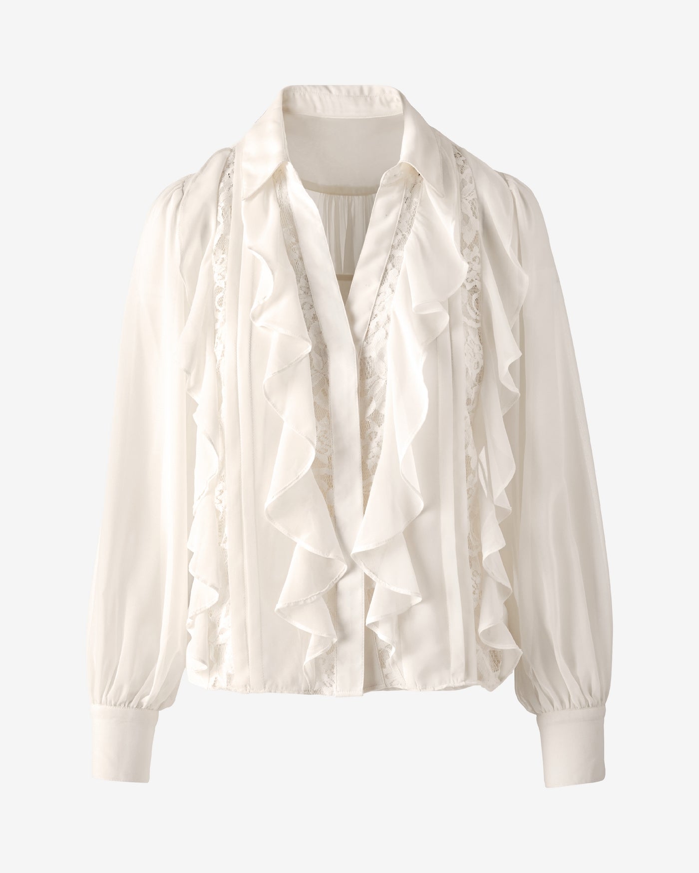Georgette Collared Ruffle and Lace Shirt Off White