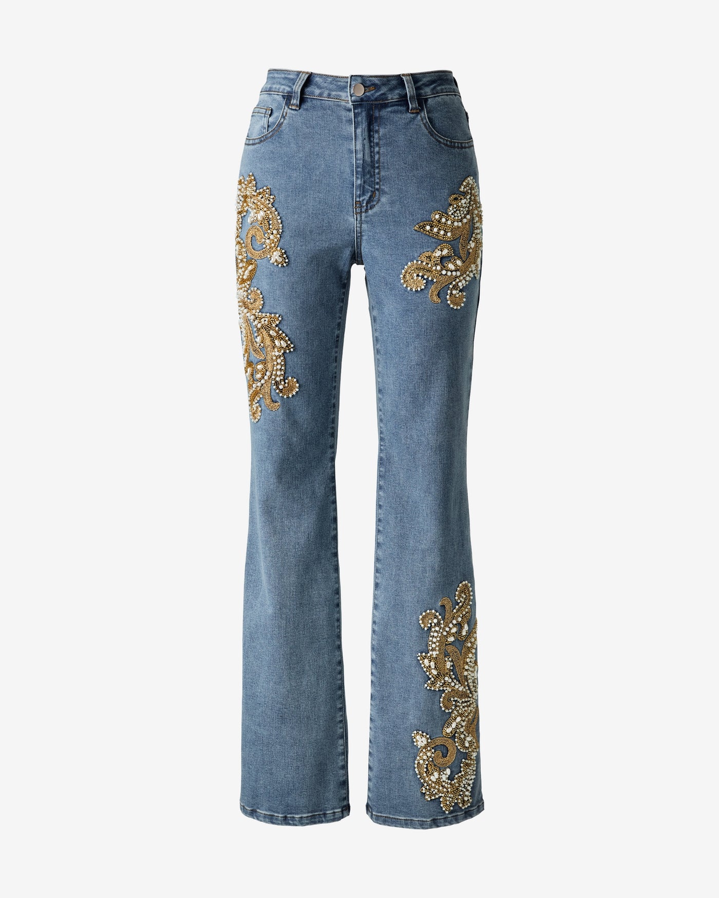 Scroll and Pearl Embellished Bootcut Jean Medium Wash