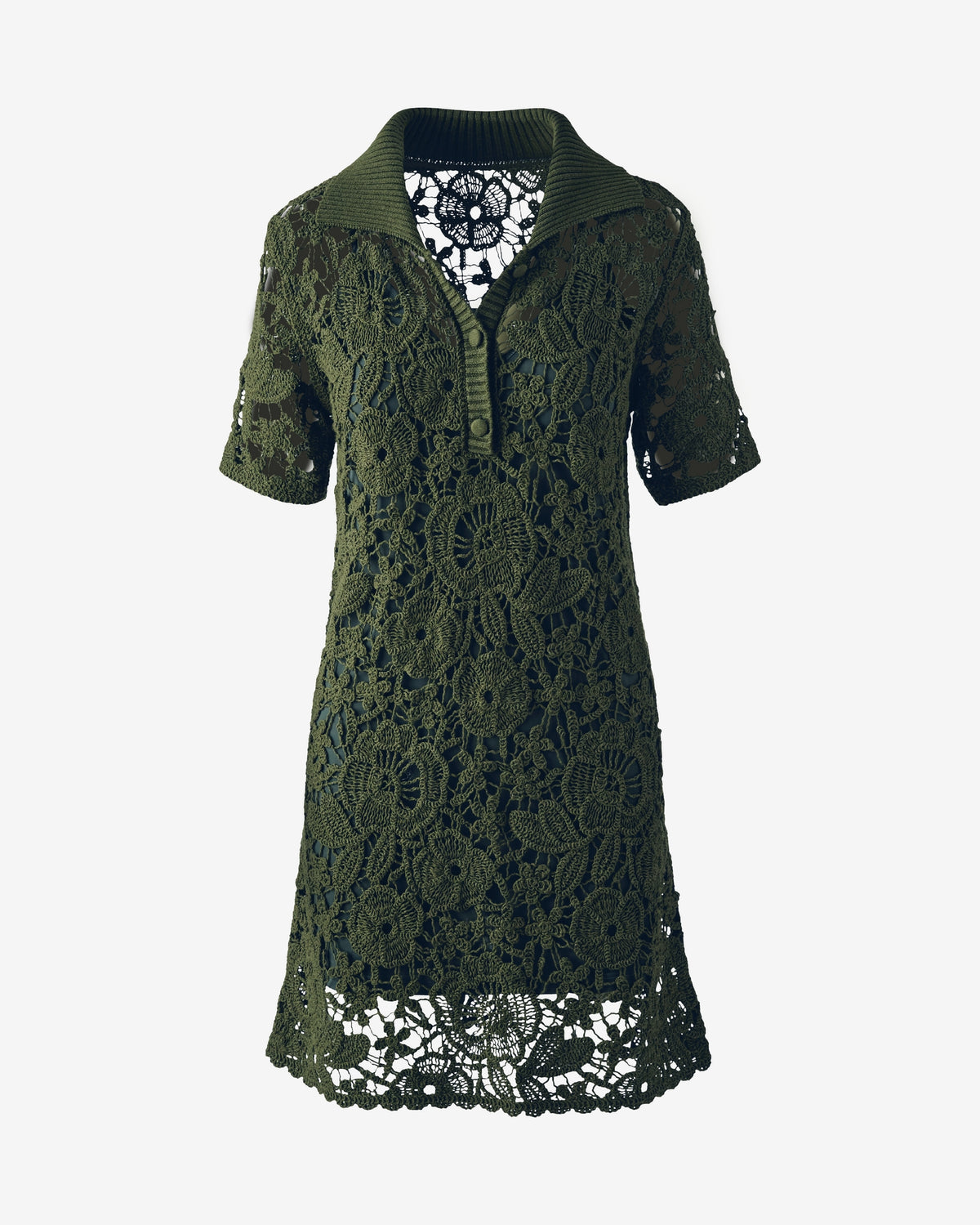 Collared Crochet Shirt Dress Bronze Green