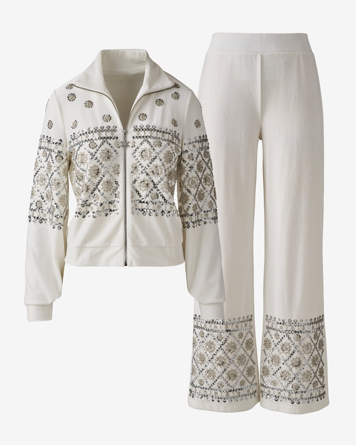 Velour Beaded Zip Up Set Off White