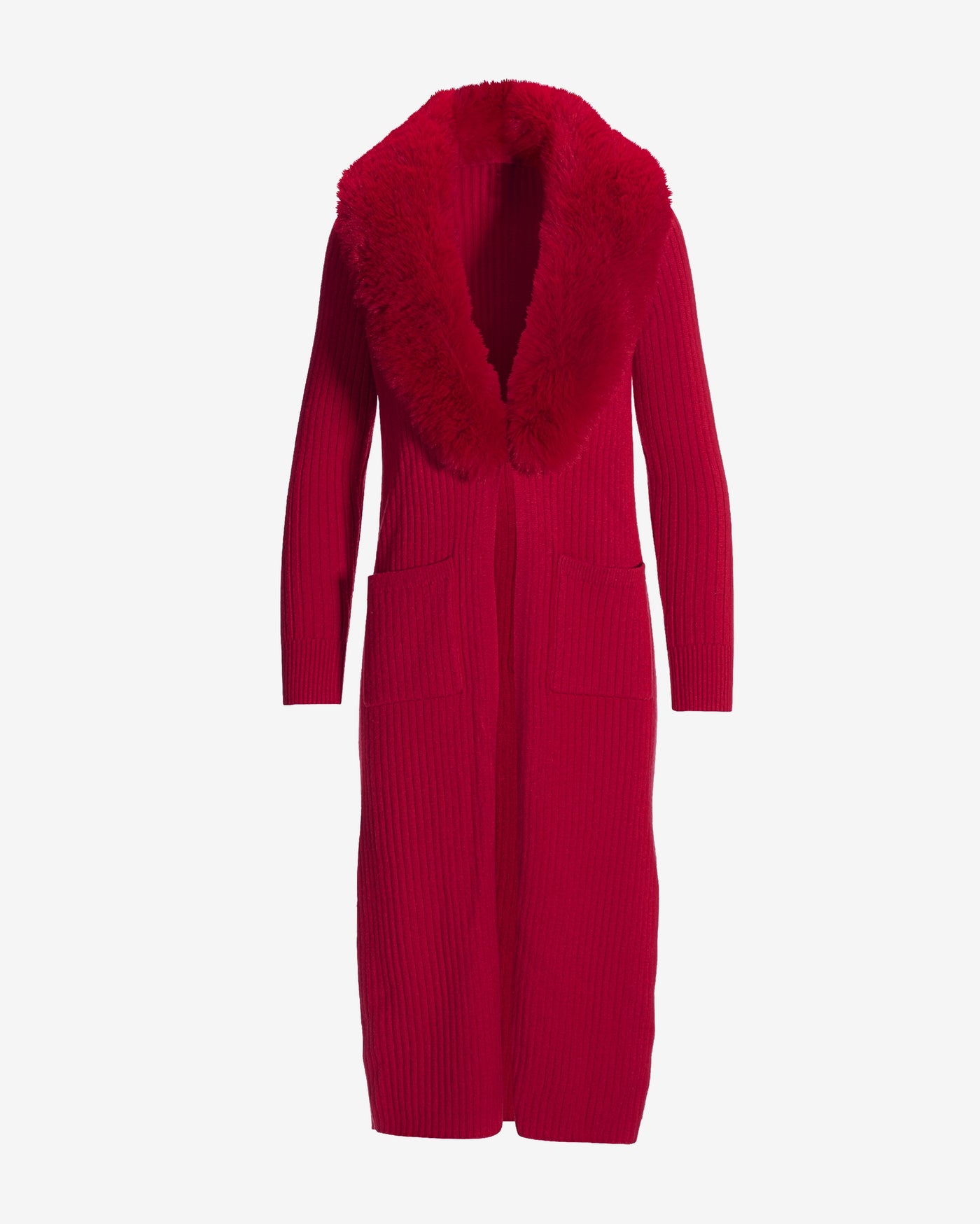 Faux Fur Collar Ribbed Long Cardigan Jester Red