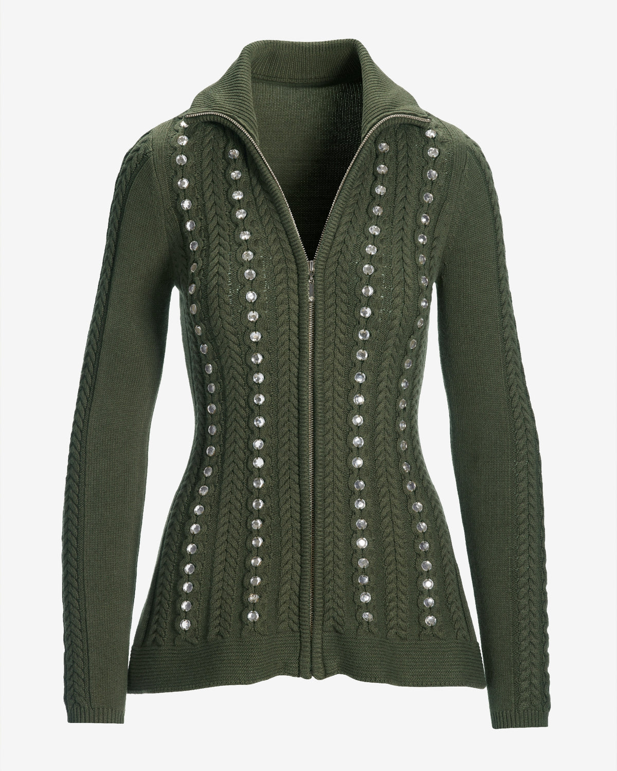 Turtleneck Zip Up Cable Embellished Cardigan Sweater Olive Night