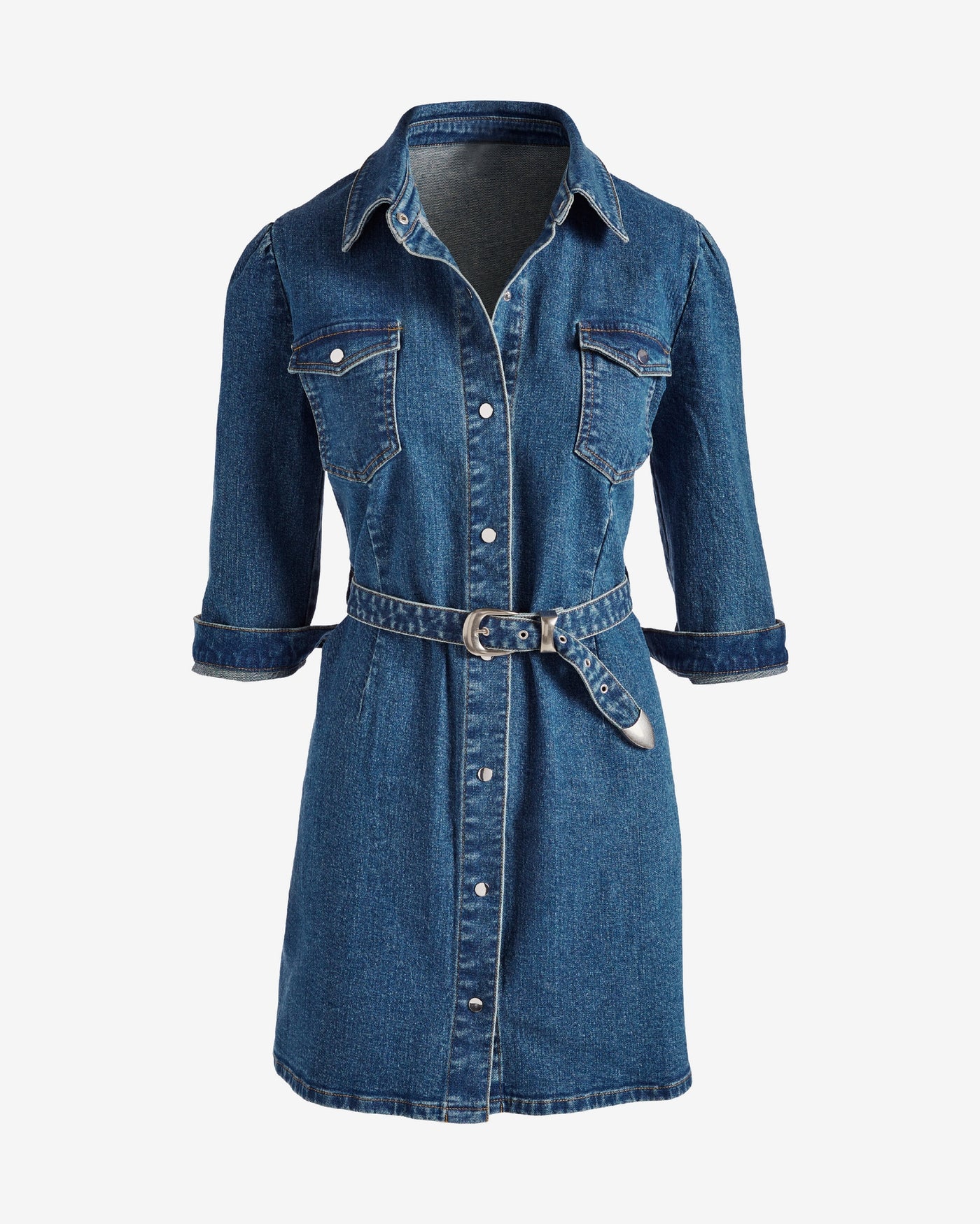 Three Quarter Sleeve Belted Denim Shirt Dress Medium Wash