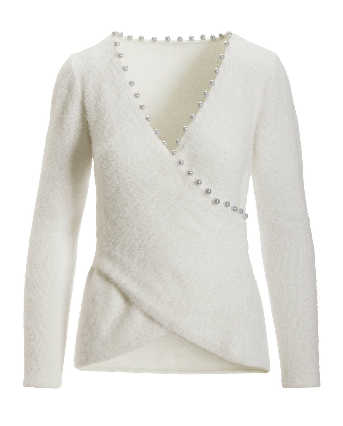 Pearl Trim Plush Surplice Sweater Off White