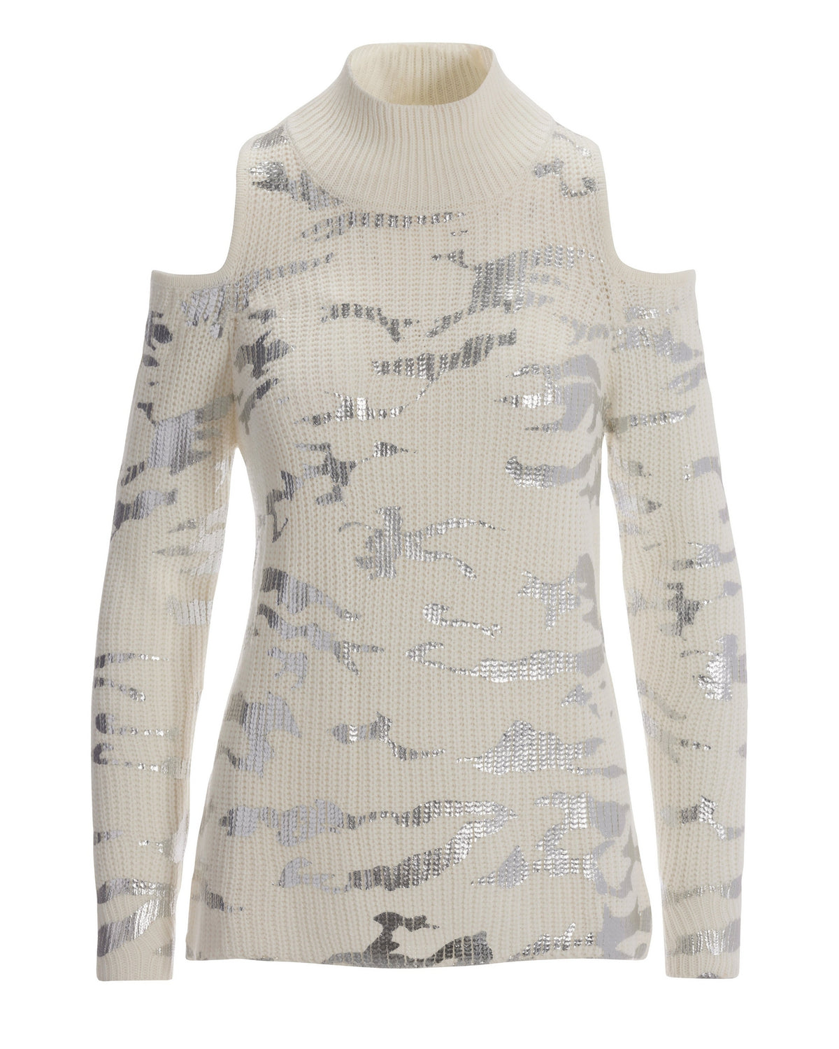 Foil Camo Cold-Shoulder Sweater Off White Silver