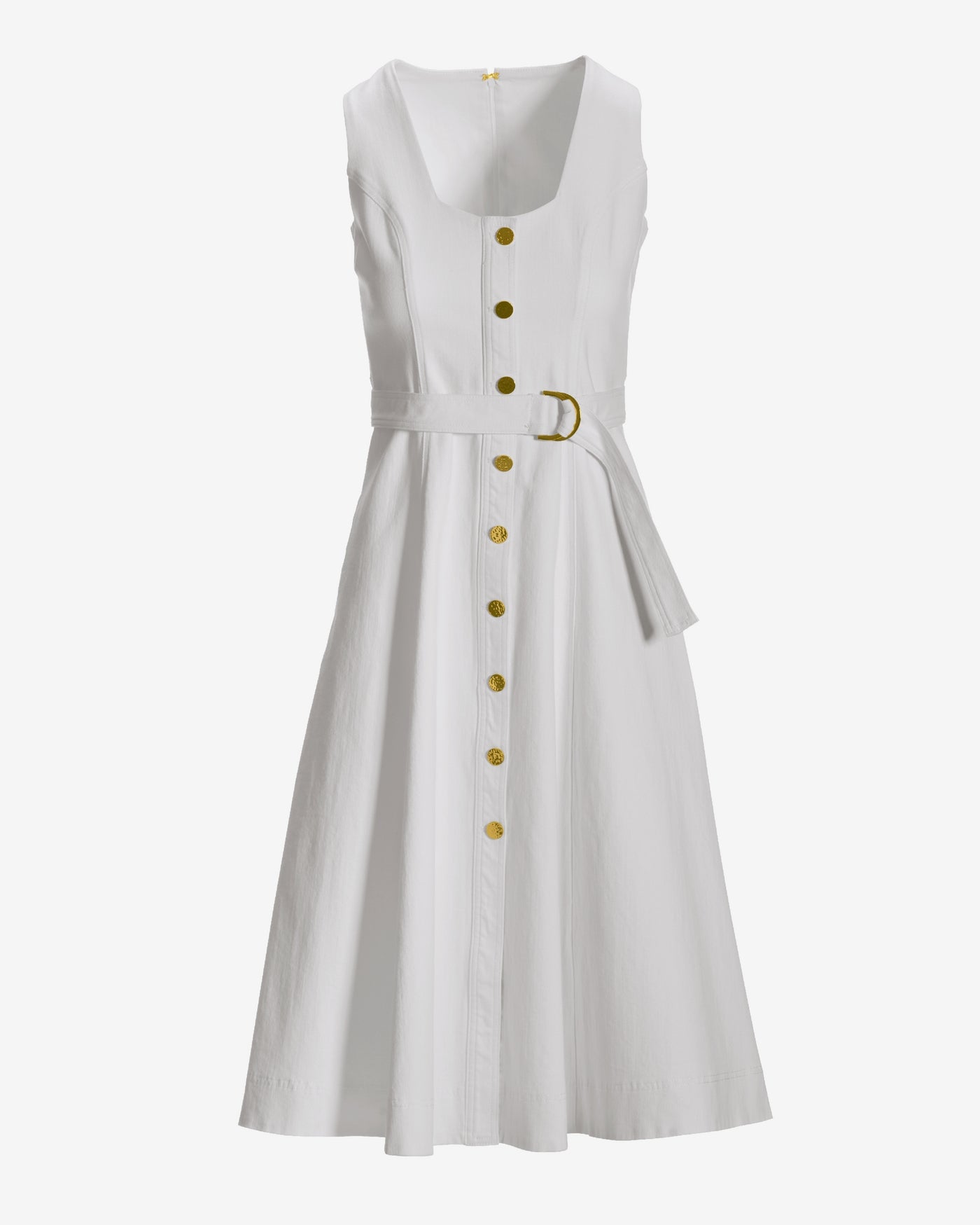 Square Neck Button Up Denim A line Midi Dress White