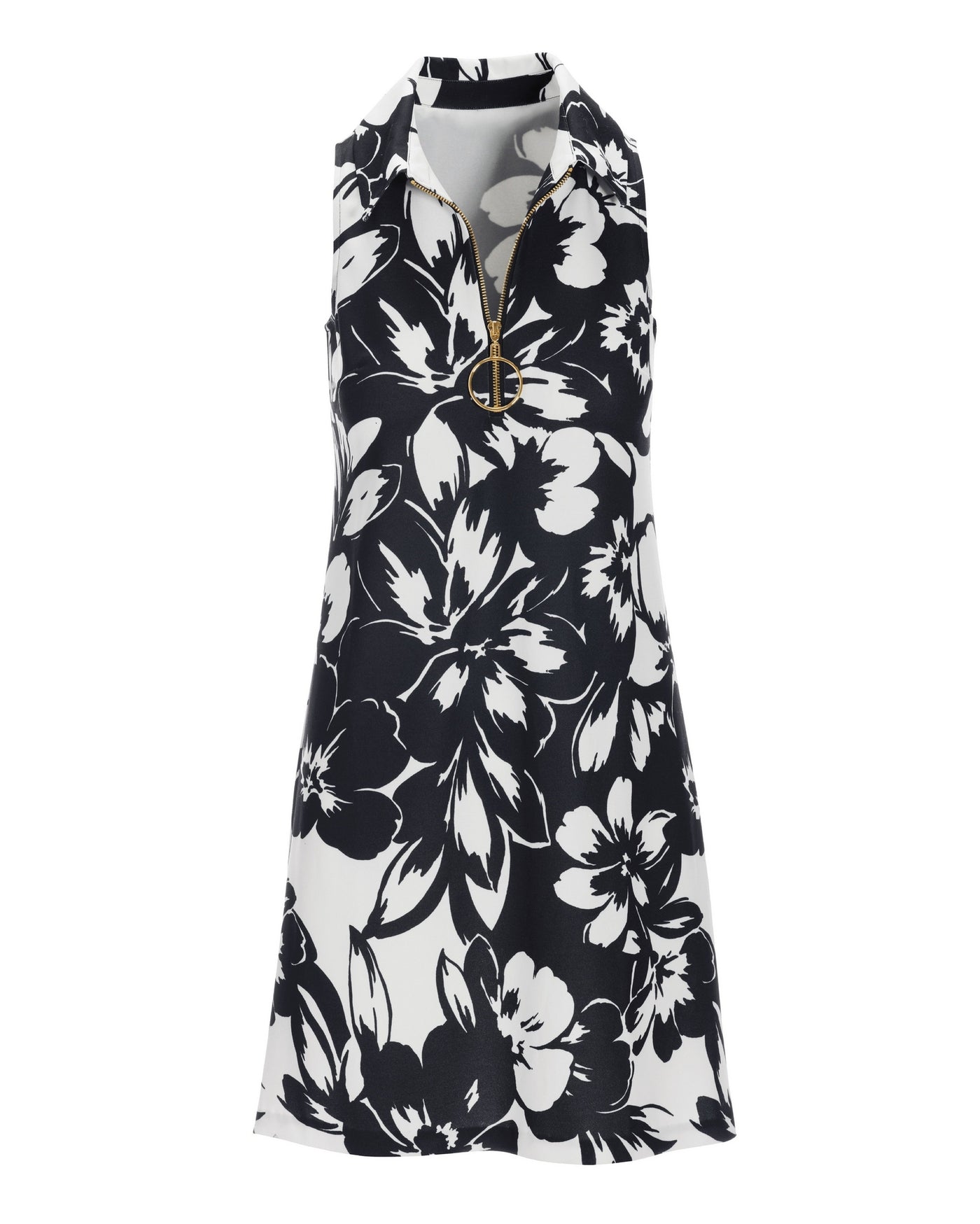 Exploded Florals Print Zip Collar Dress Black/White