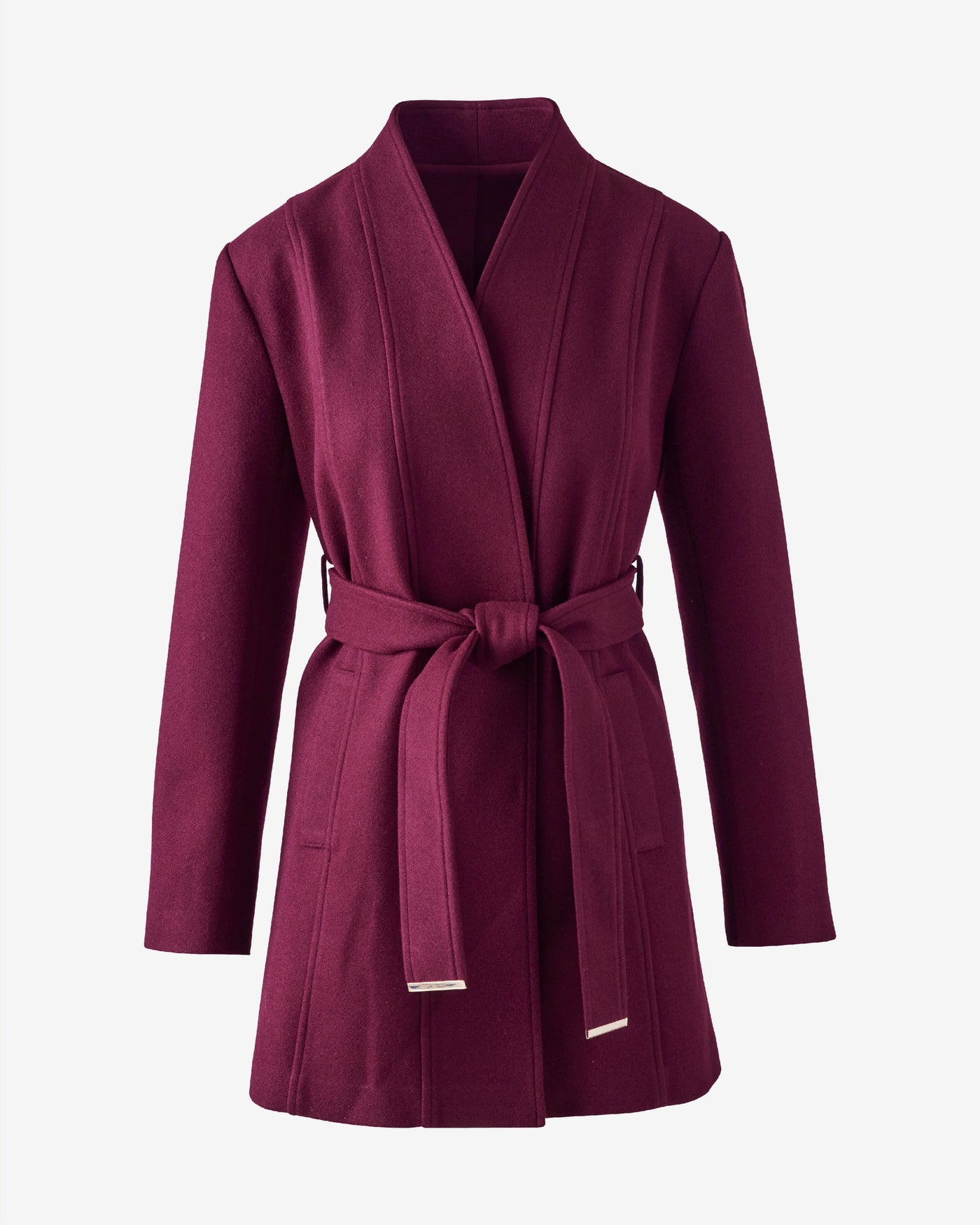 Collarless Self Tie Coat Wine