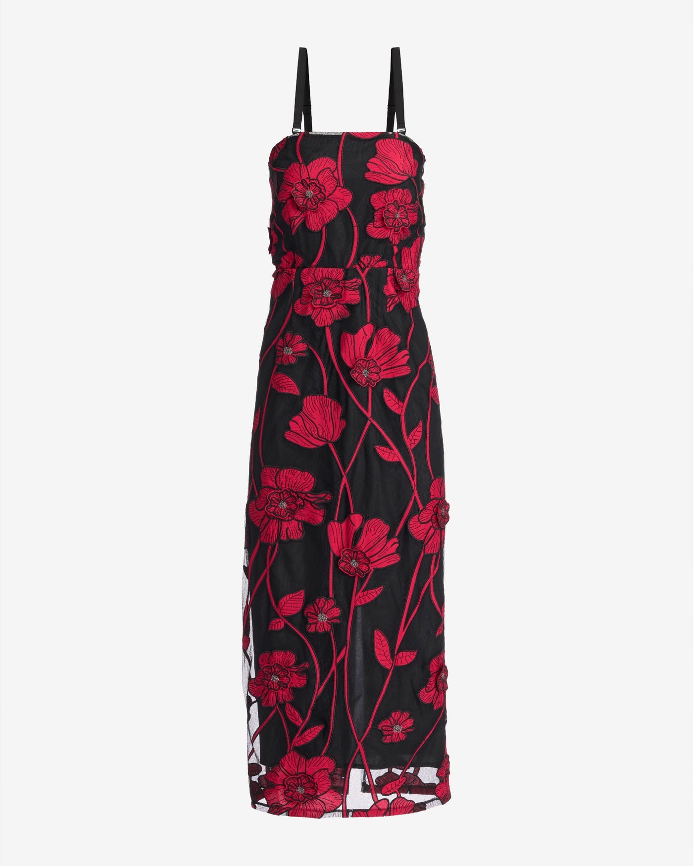 Bold Floral Mesh Column Midi Dress Red Multi