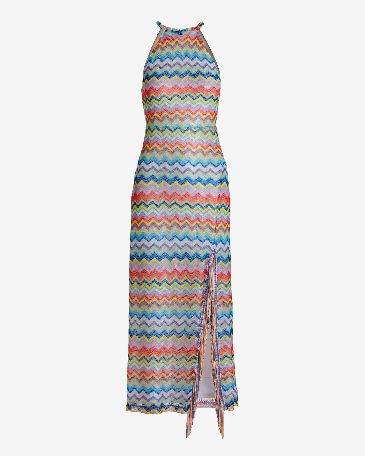 Multi Color Chevron Halter Two Tone Fringe Maxi Dress Multi
