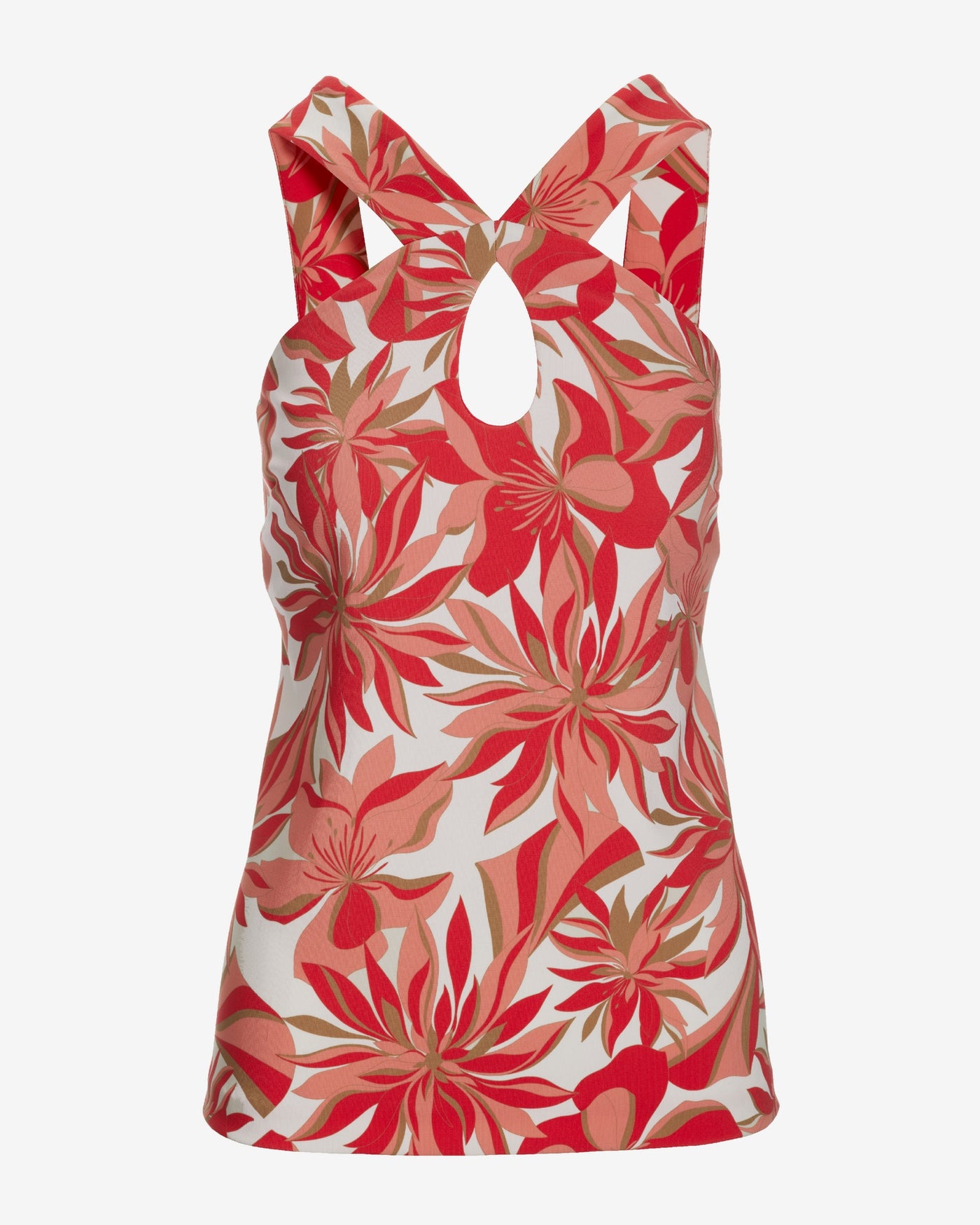 Beyond Travel Paradise Blooms Print Keyhole Tunic Top Pink Paradise/Light Camel