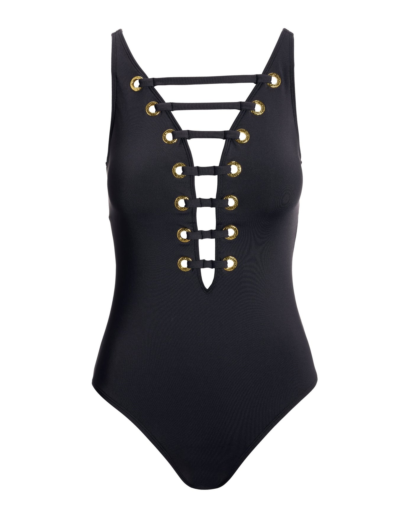 Grommet Ladder Plunge One-Piece Swimsuit Black