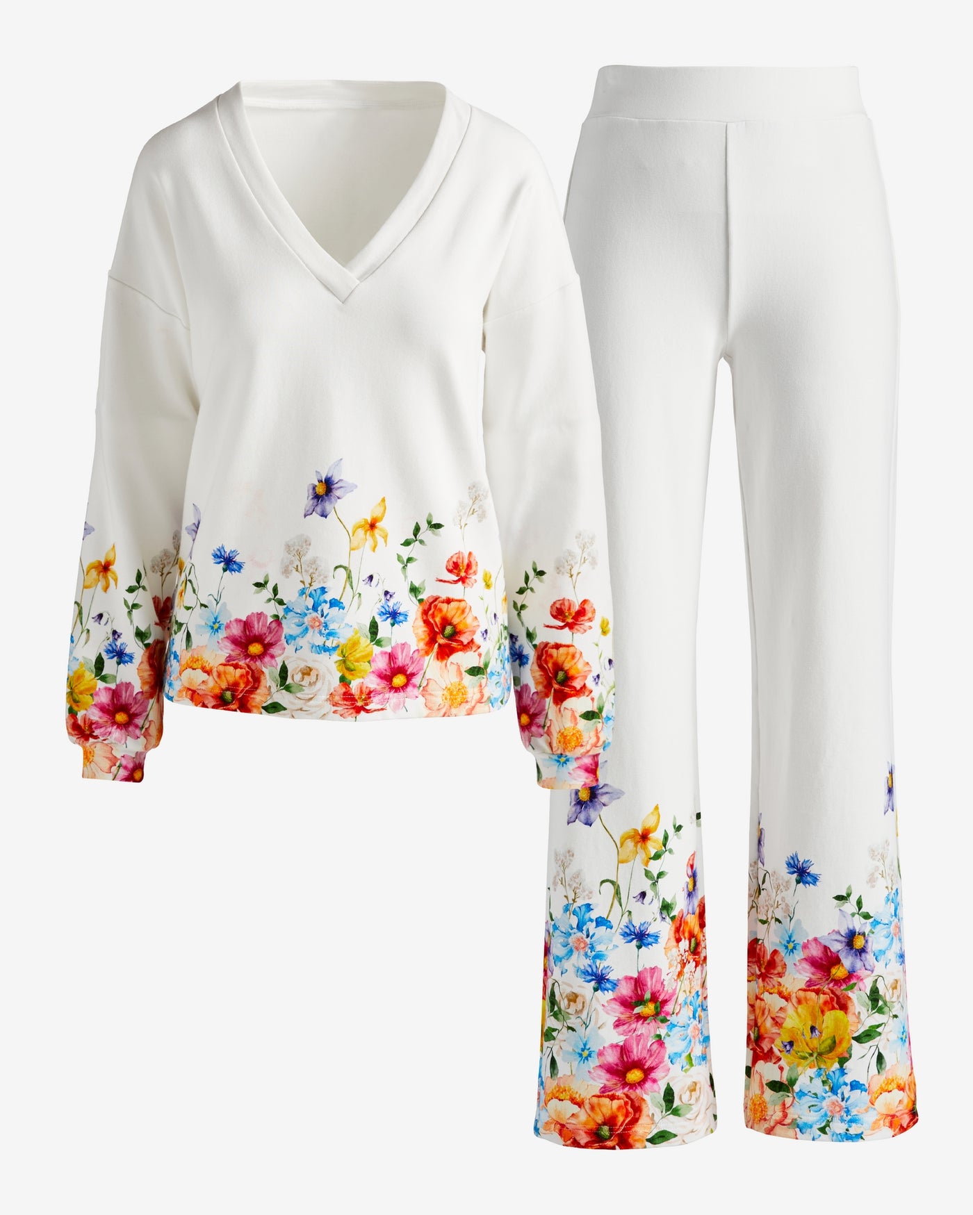 Floral Printed V Neck Lounge Set Floral Meadow