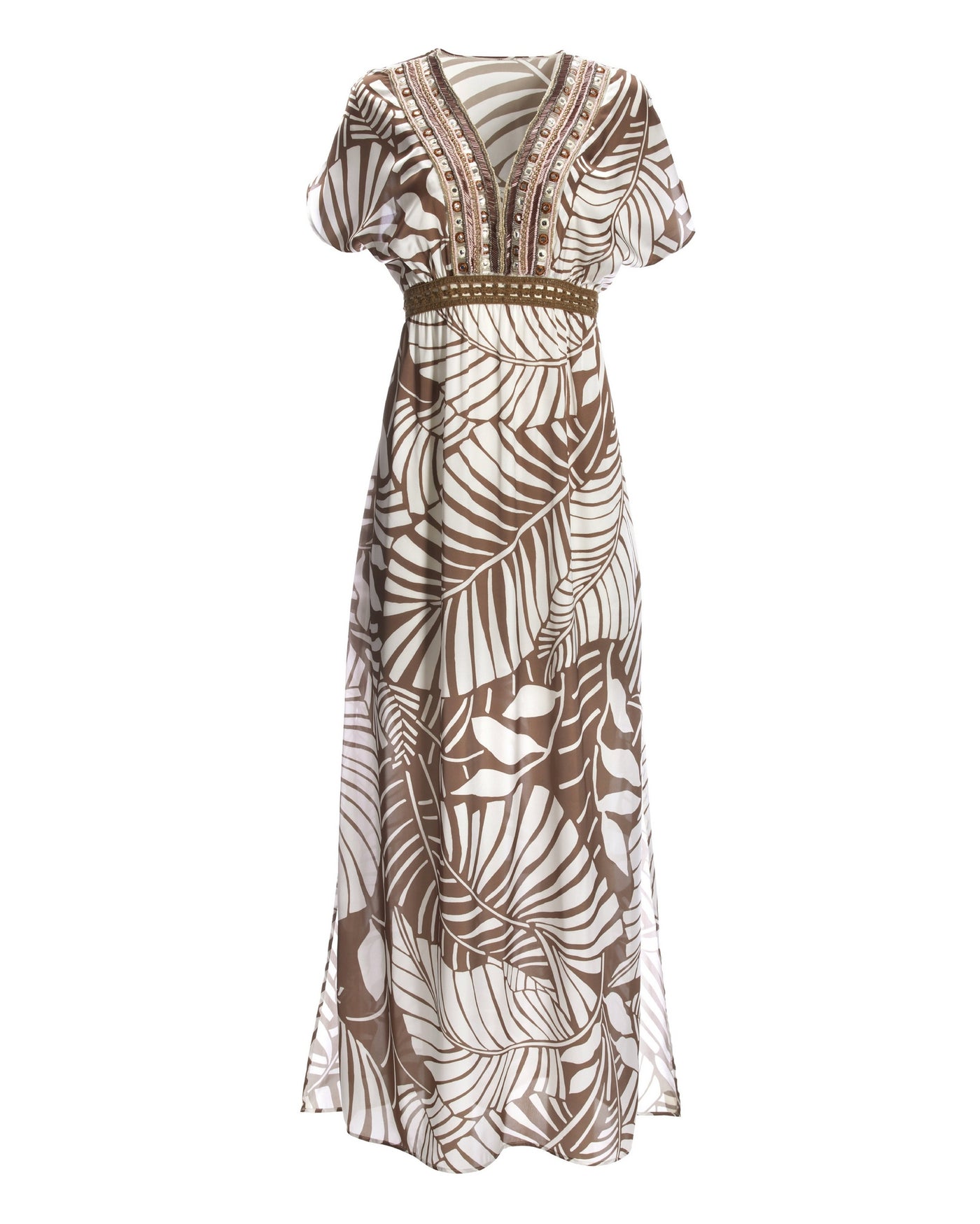 Palm Print Embellished Trim Caftan Maxi dress Brown/White