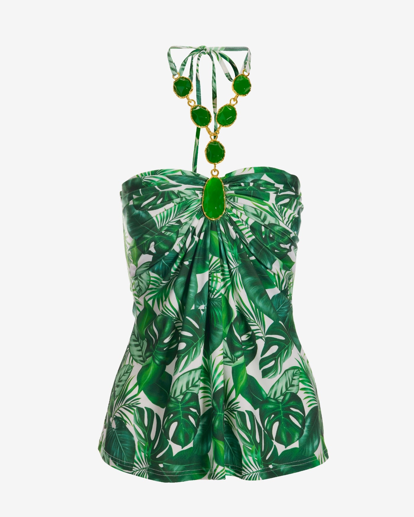 So Chic Amazon Dye Tropical Print Halter Gem Top Green/Off White