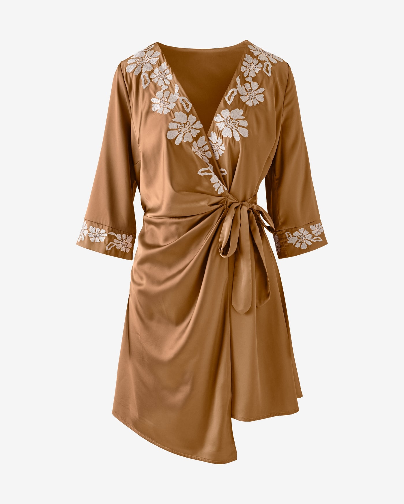 Floral Wrap Dress with Waist Tie Tobacco Brown