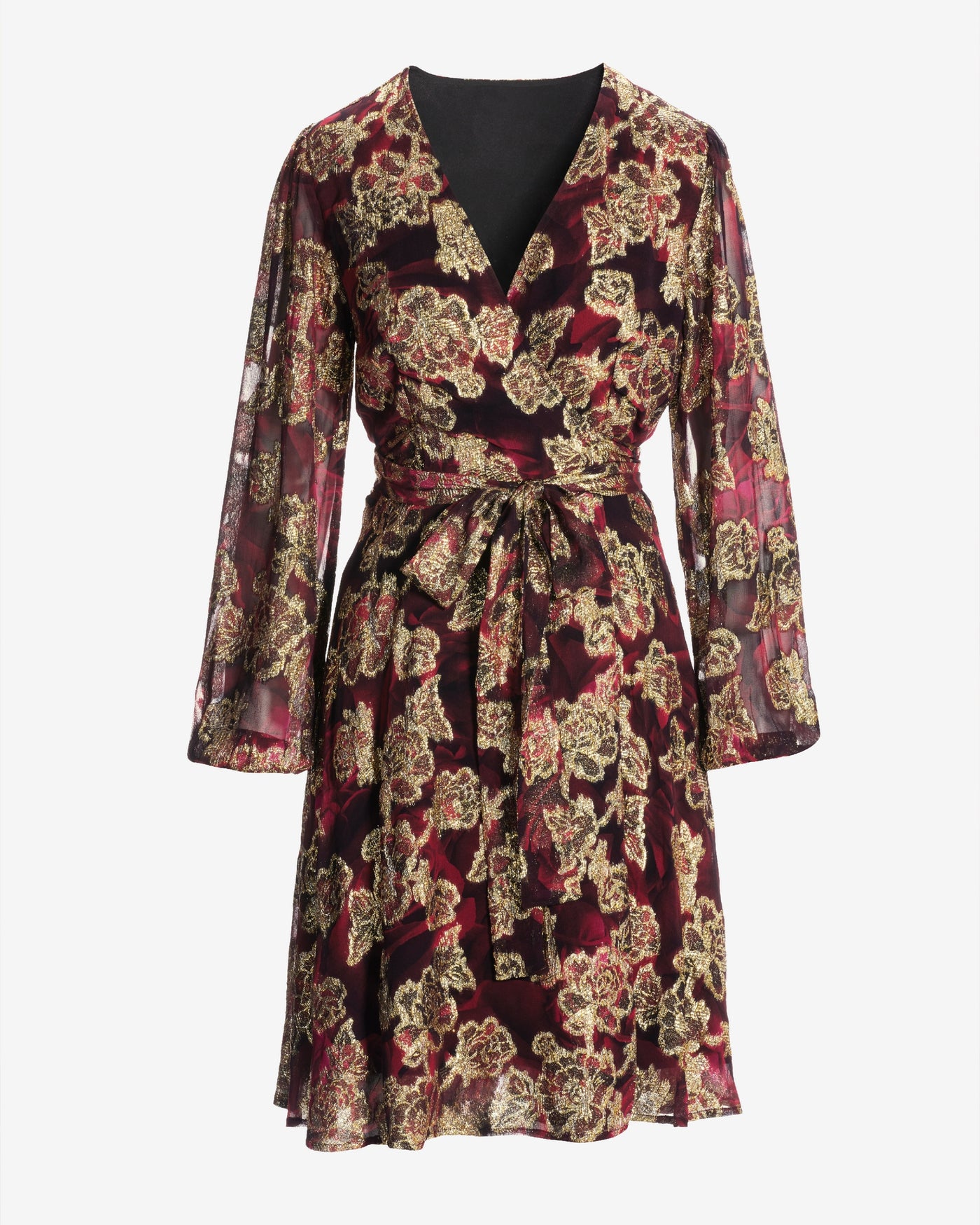 Rose Print Metallic Foil Wrap Dress Red
