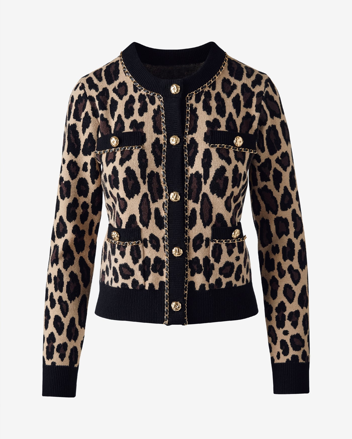 Printed Jacquard Chain Detail Button Front Cardigan Golden Cheetah Jacquard
