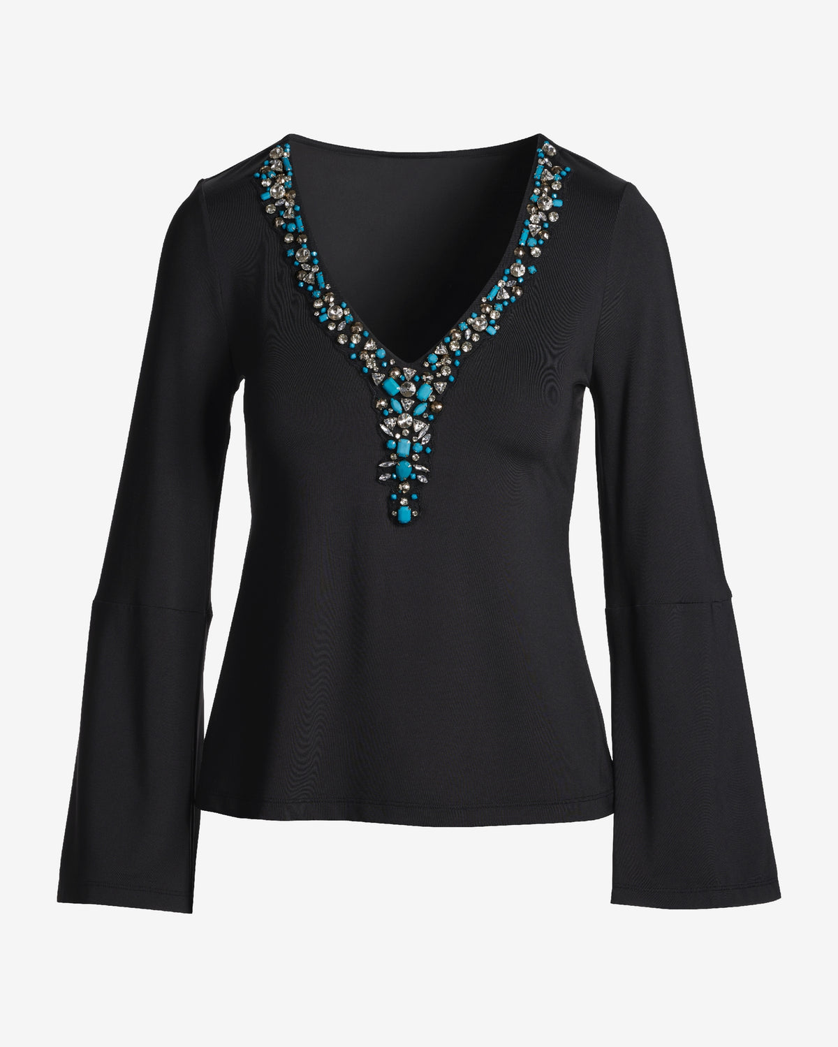 Embellished Trim V-Neck Long Sleeve Proper Black Multi