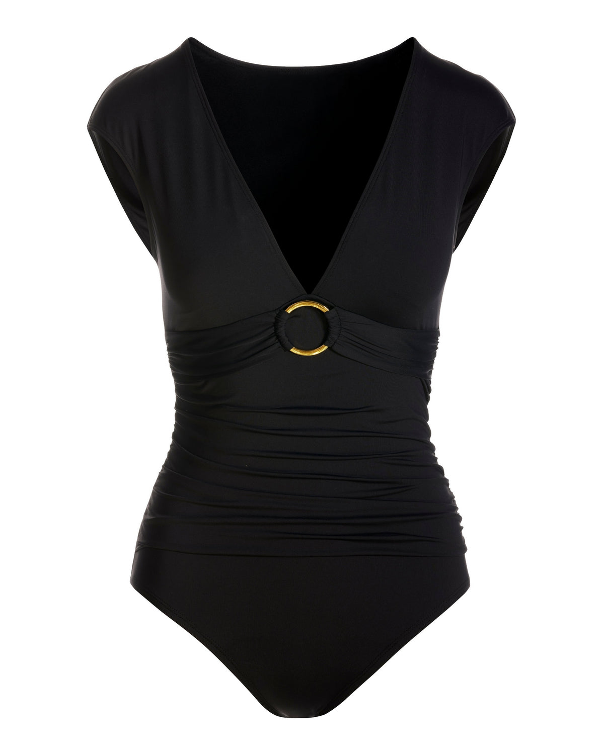 Cap-Sleeve Ring Detail One-Piece Swimsuit Black