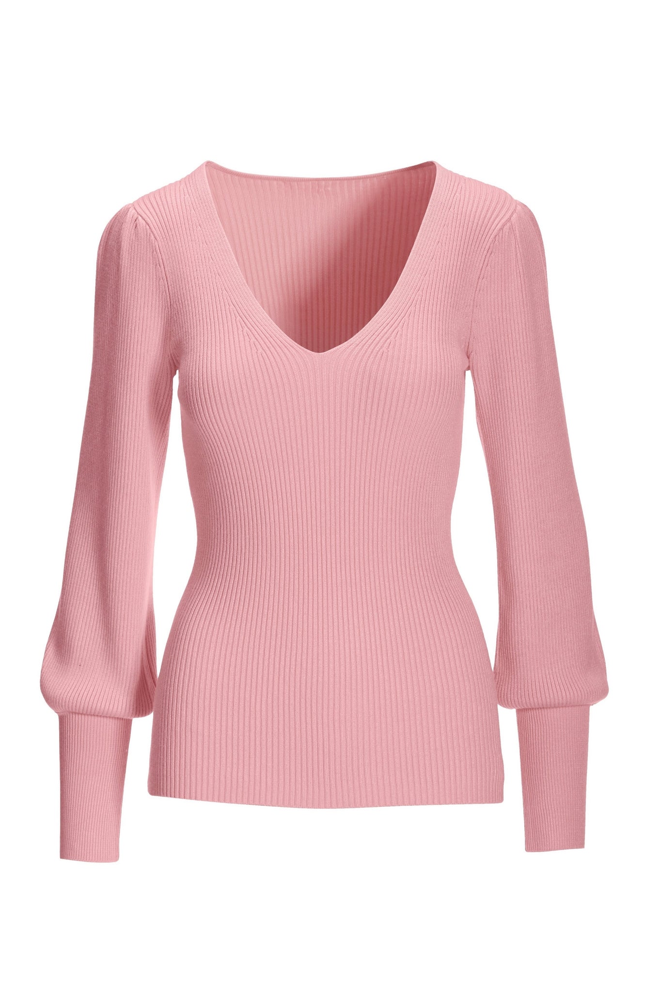 Rib Puff Sleeve V Neck Sweater Cherry Blossom