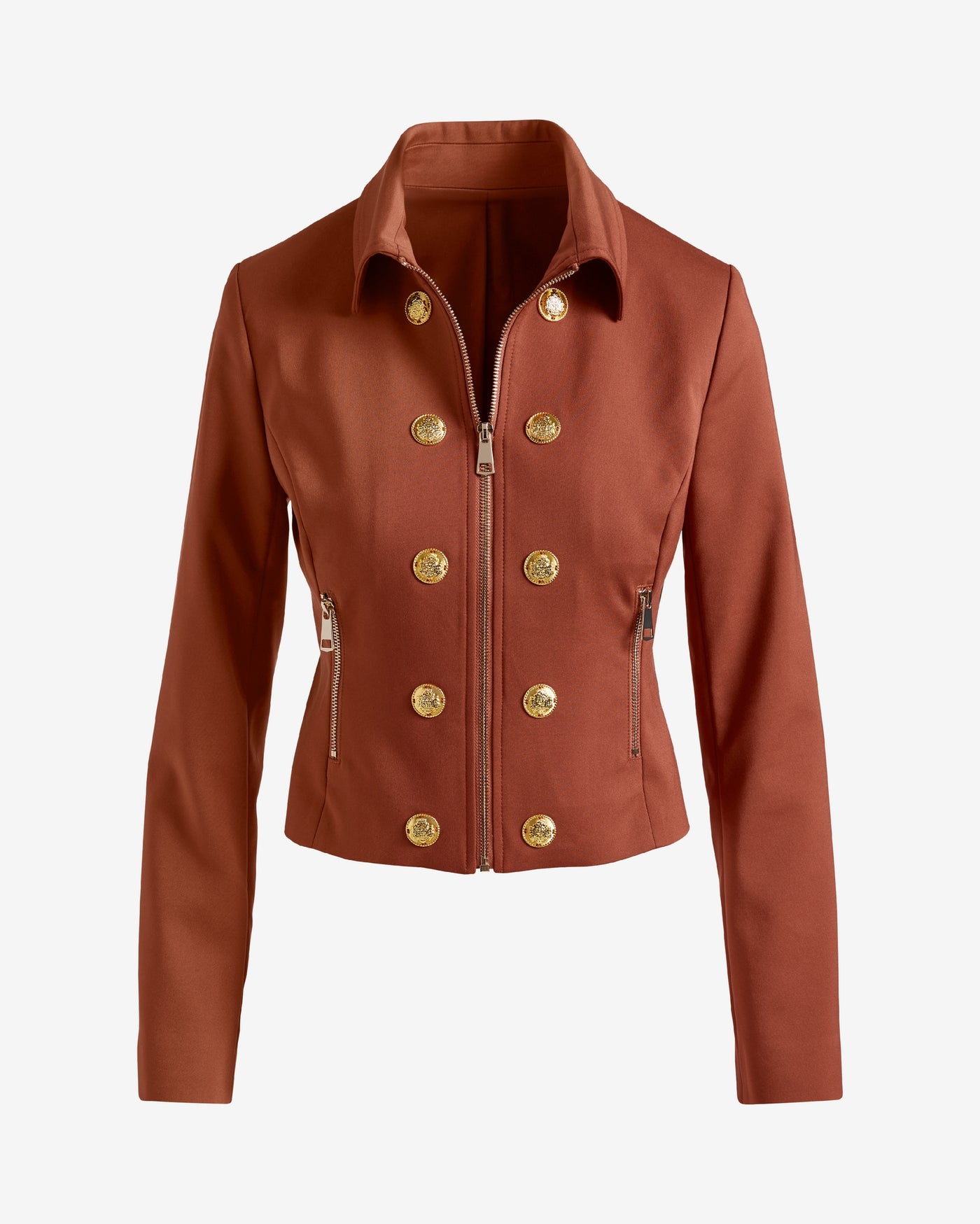 Modern Zip Front Crest Button Jacket Paprika
