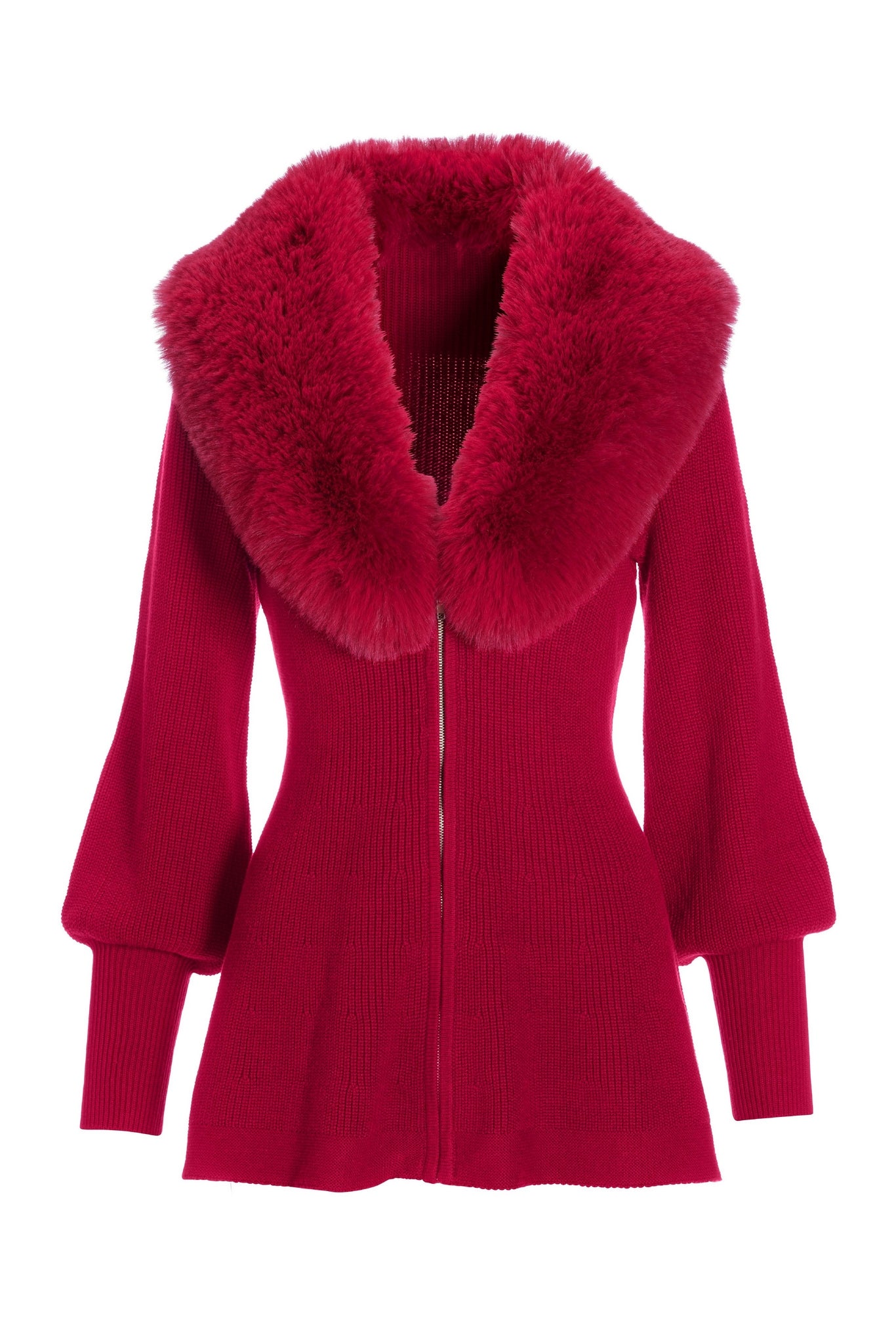 Faux Fur Balloon Sleeve A Line Zip Up Cardigan Jester Red