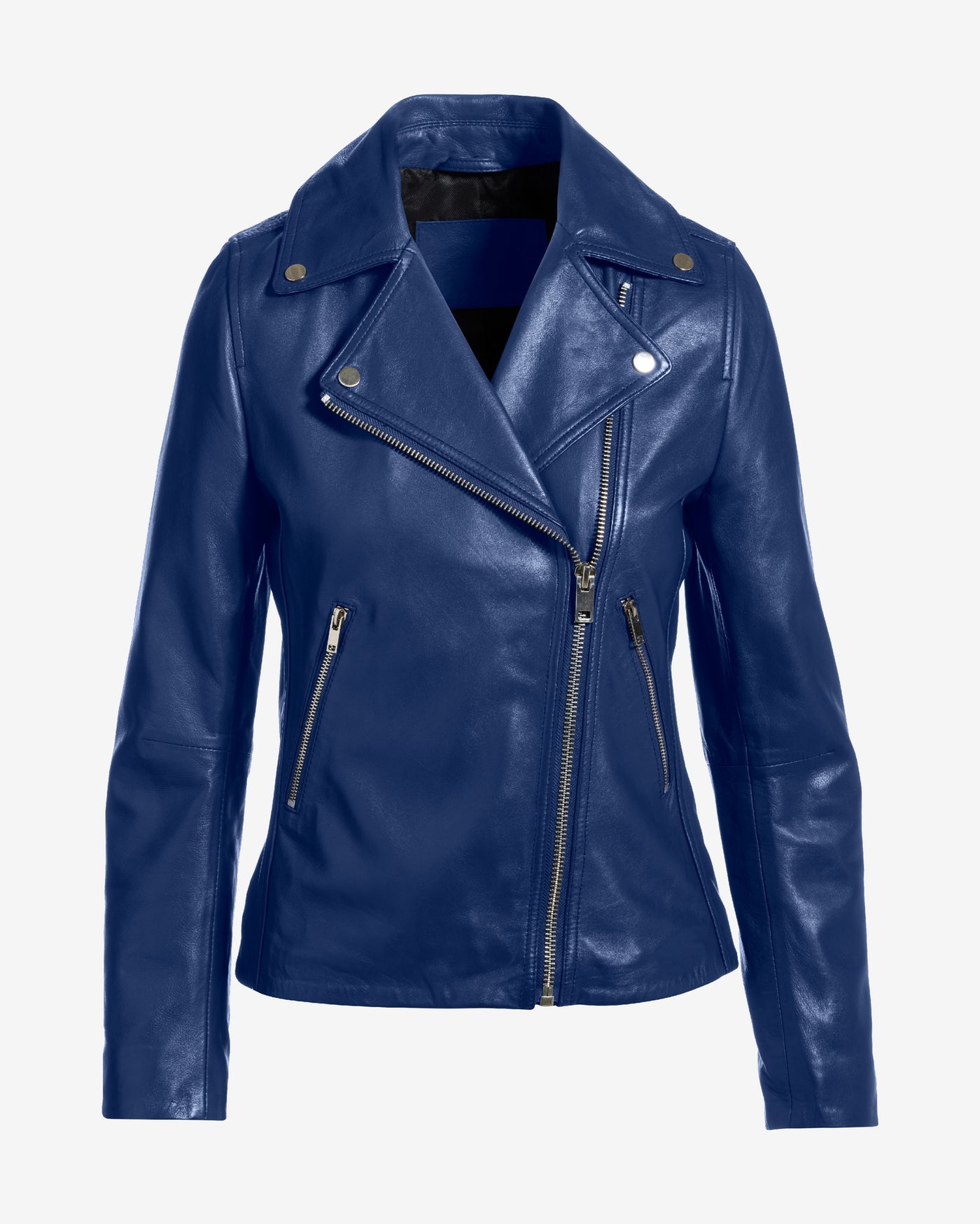 Genuine Leather Zip Detail Moto Jacket Navy