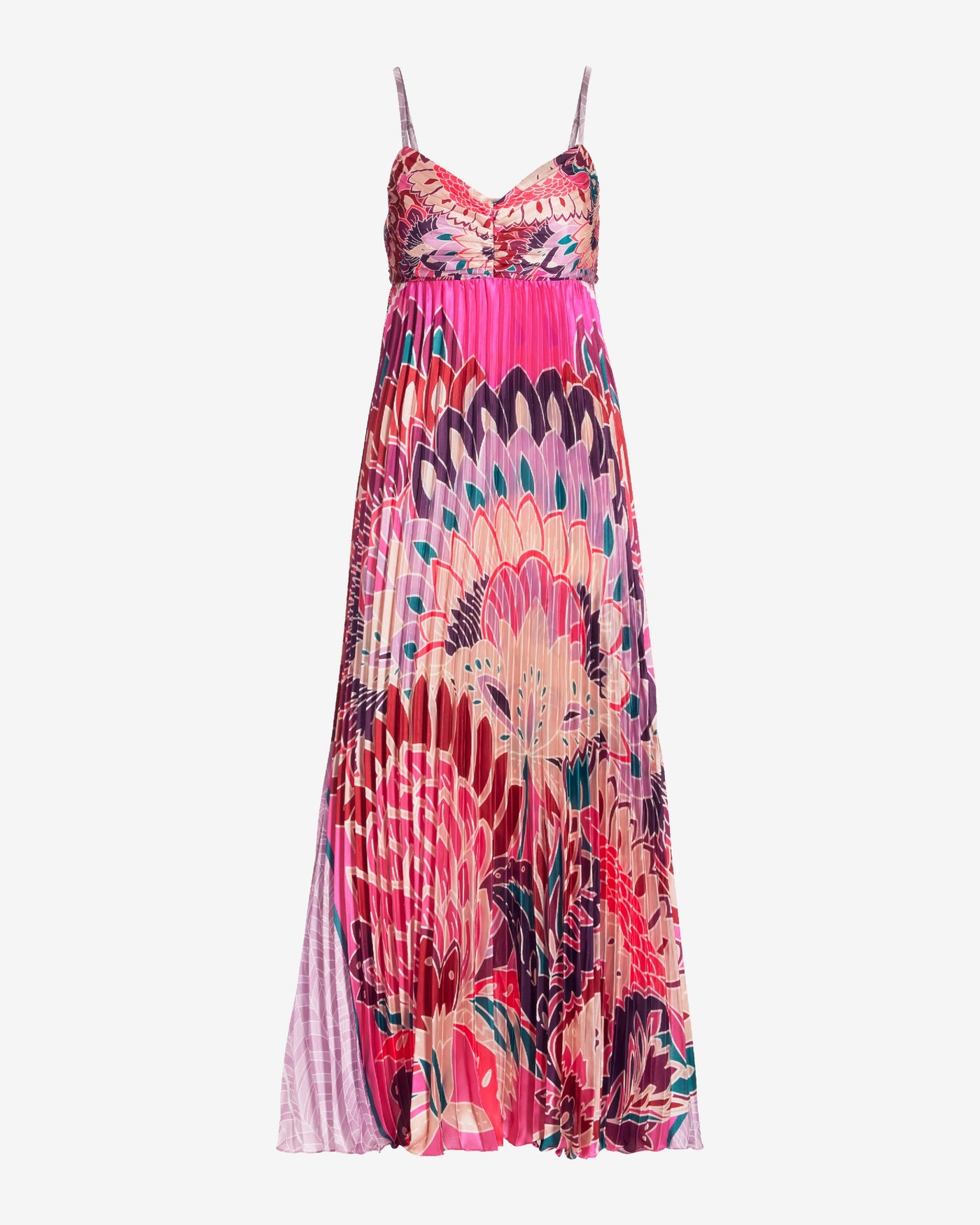 Printed Charmeuse Pleated Maxi Dress Pink Multi